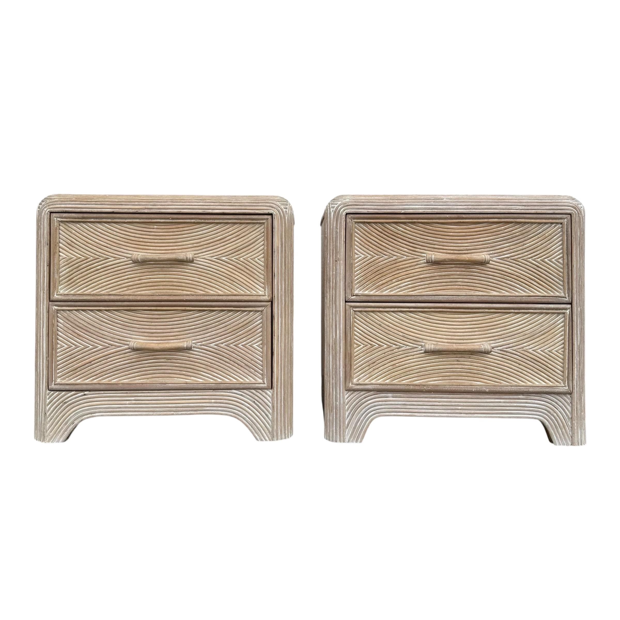 Set of 2 Pencil Reed Nightstands FREE SHIPPING - Vintage Split Rattan White Wash Wood Waterfall Hollywood Regency Coastal Tables Pair - Image 1