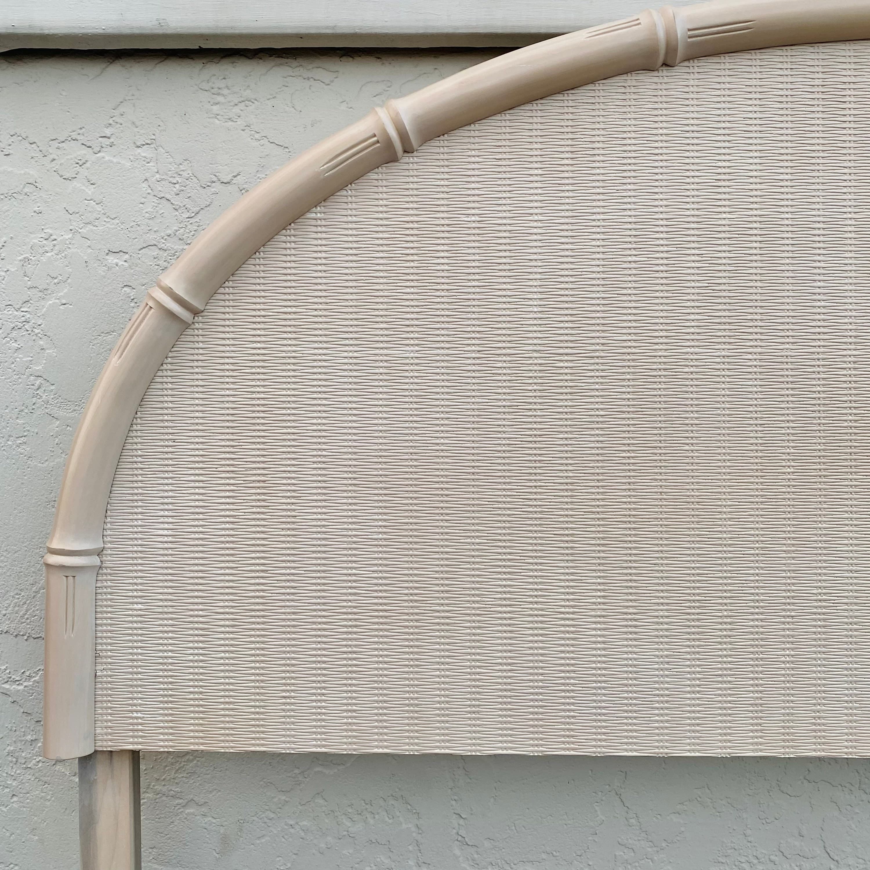 Vintage King Headboard with Faux Bamboo & Rattan - White Wash Wood Half Moon Style Coastal Bedroom Furniture - Thumbnail 3