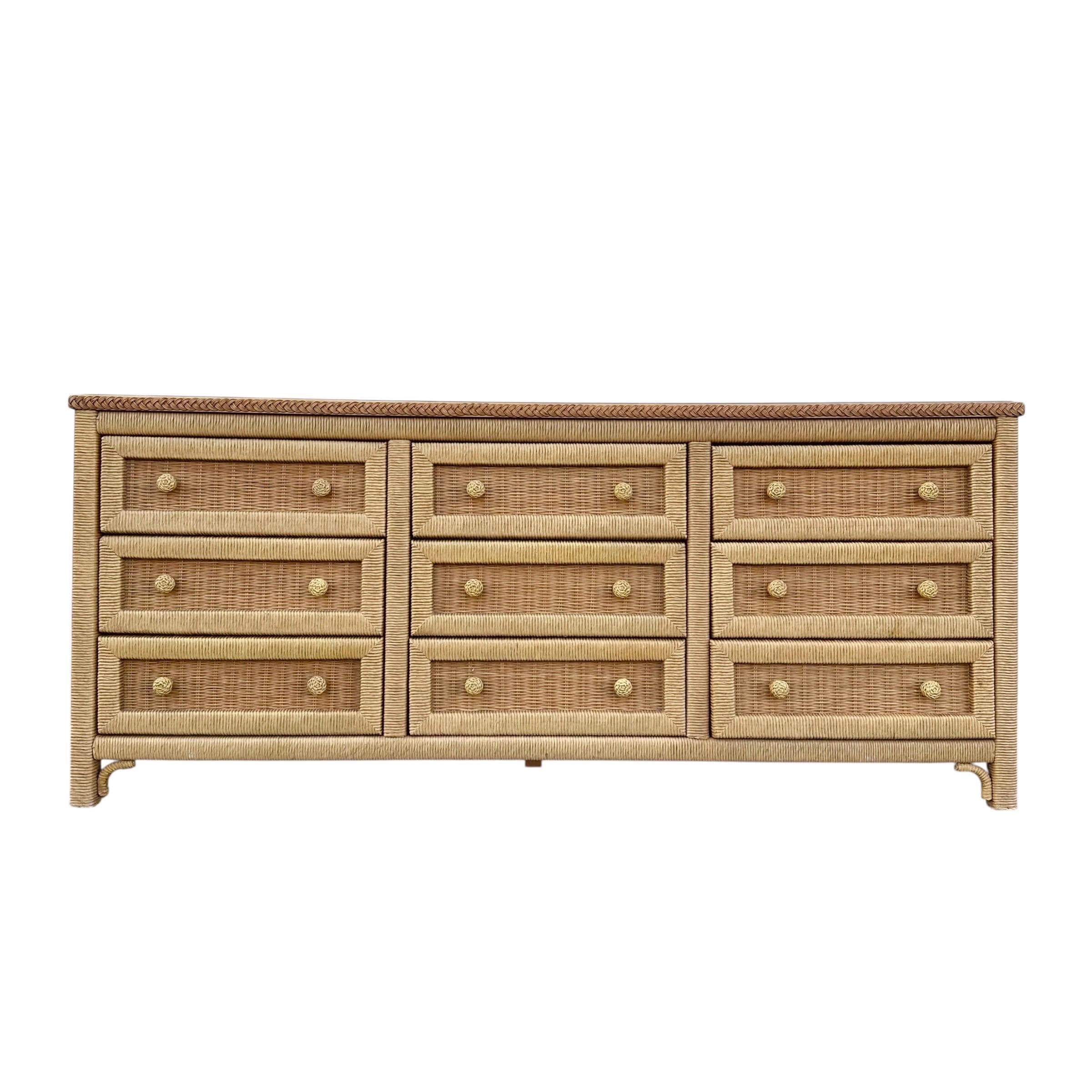 Henry Link Wicker Dresser with 9 Drawers - Vintage Wrapped Rattan Coastal Boho Chic Furniture - Thumbnail 2