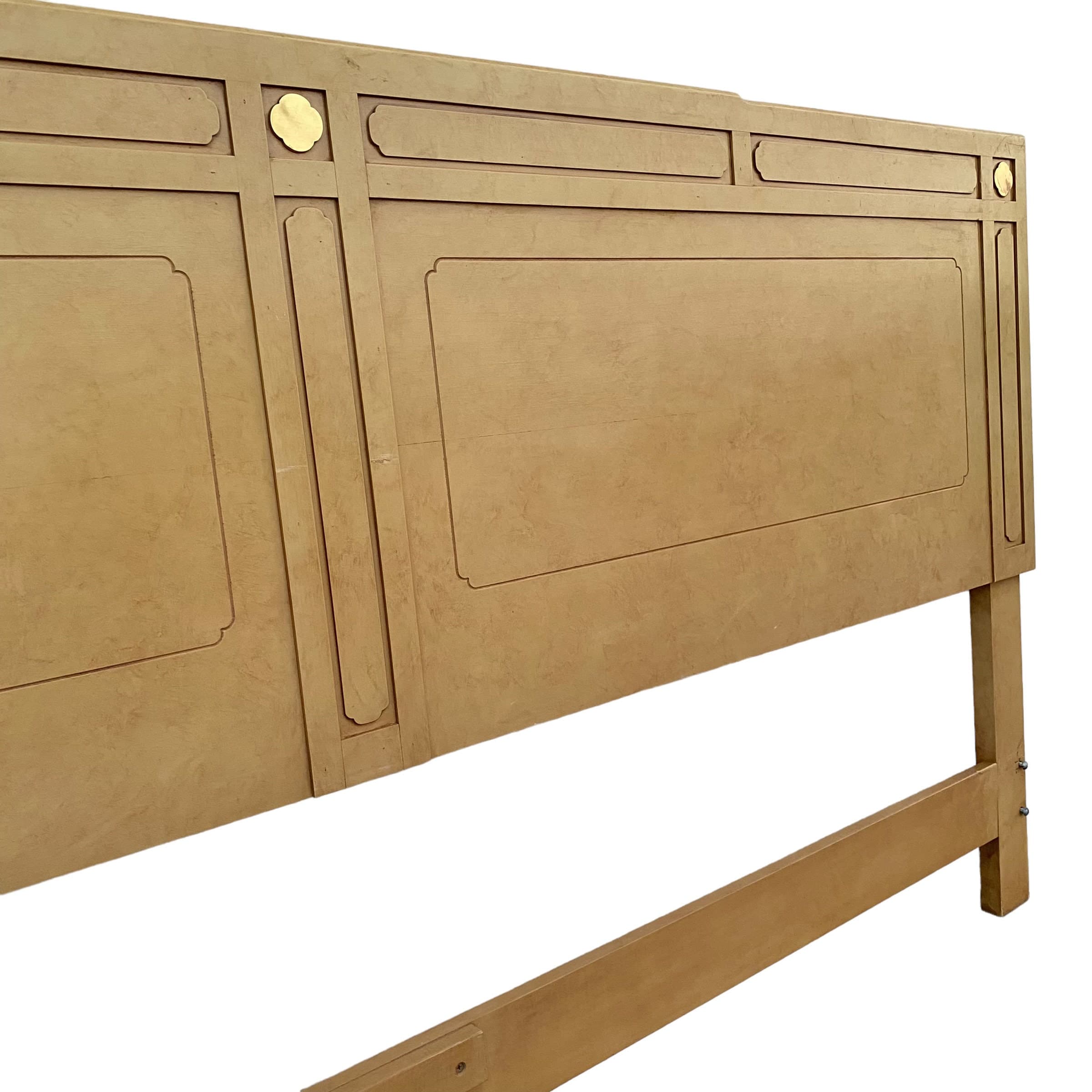 Chinoiserie King Headboard in Tan with Gold Brass Details - Vintage Asian Style Bedroom Furniture - Thumbnail 8