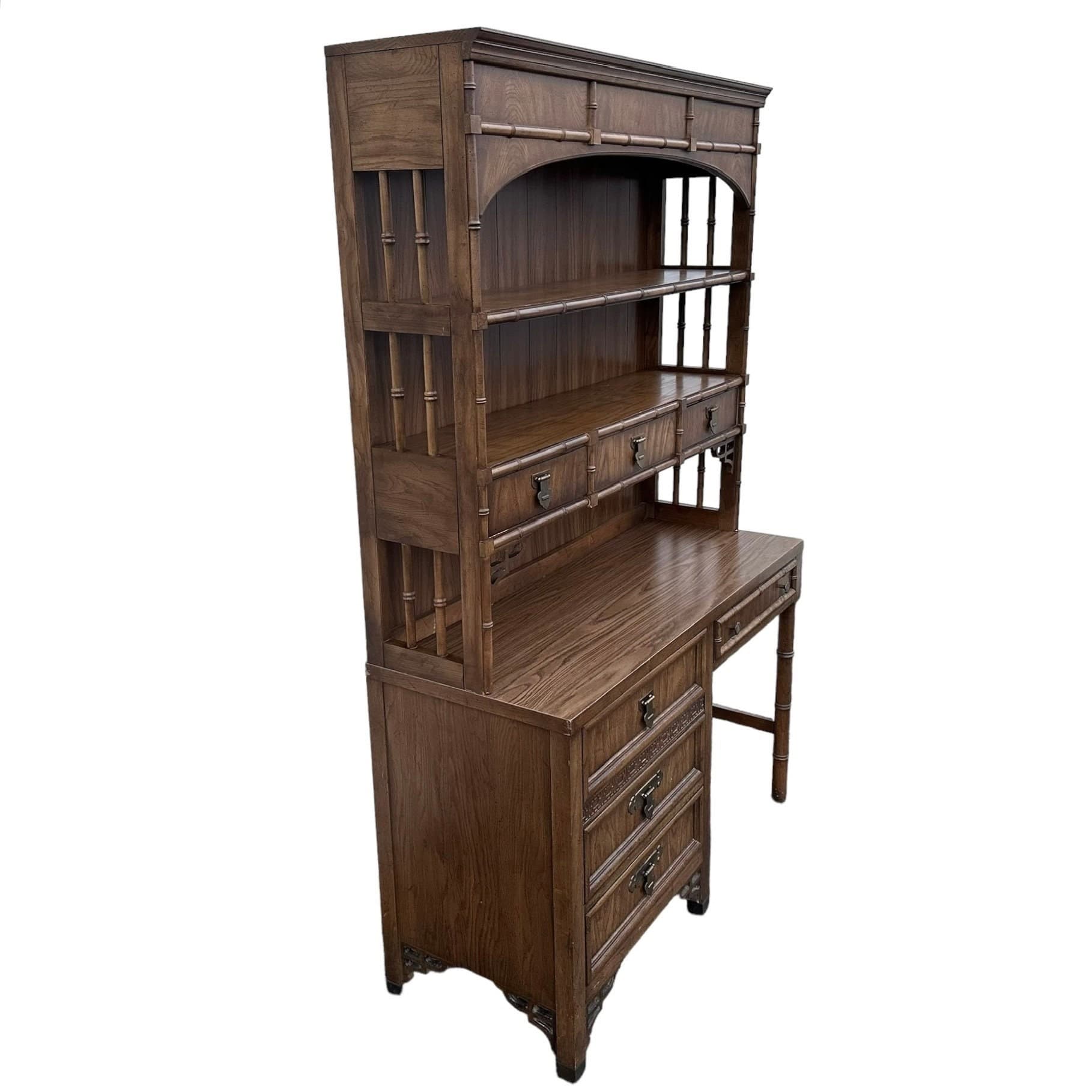 Faux Bamboo Desk and Lighted Bookcase by Dixie ShangriLa - Rare 2 Piece Vintage Chinoiserie Wood Hollywood Regency Bookshelf Hutch Furniture - Thumbnail 2