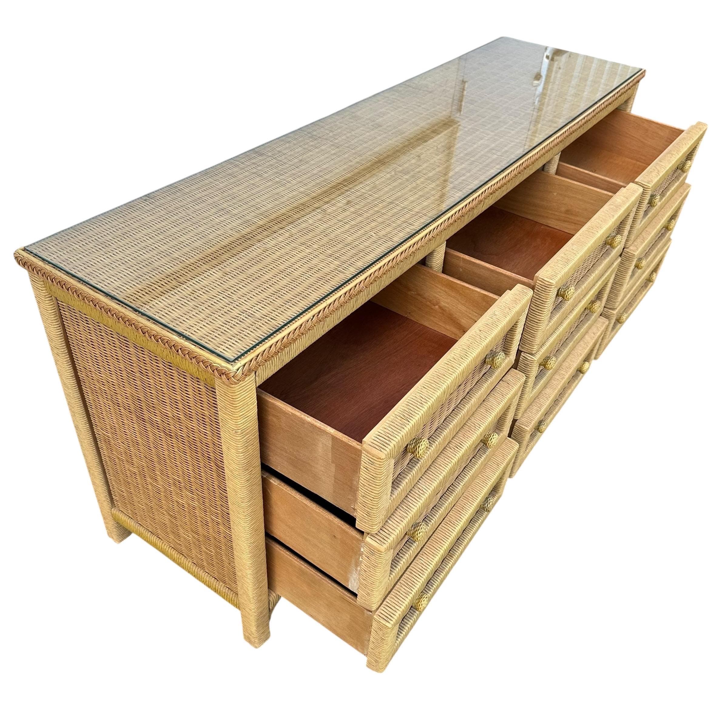 Henry Link Wicker Dresser with 9 Drawers - Vintage Wrapped Rattan Coastal Boho Chic Furniture - Thumbnail 5