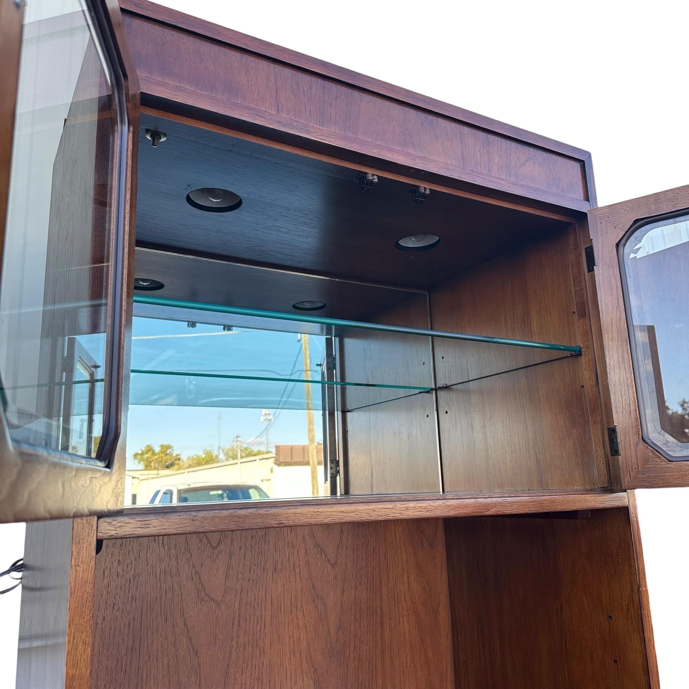 Vintage Thomasville Mystique Display Cabinet - Lighted Glass Top, Mirrored Back, Pecan Wood, Asian-Inspired Hardware - Thumbnail 6