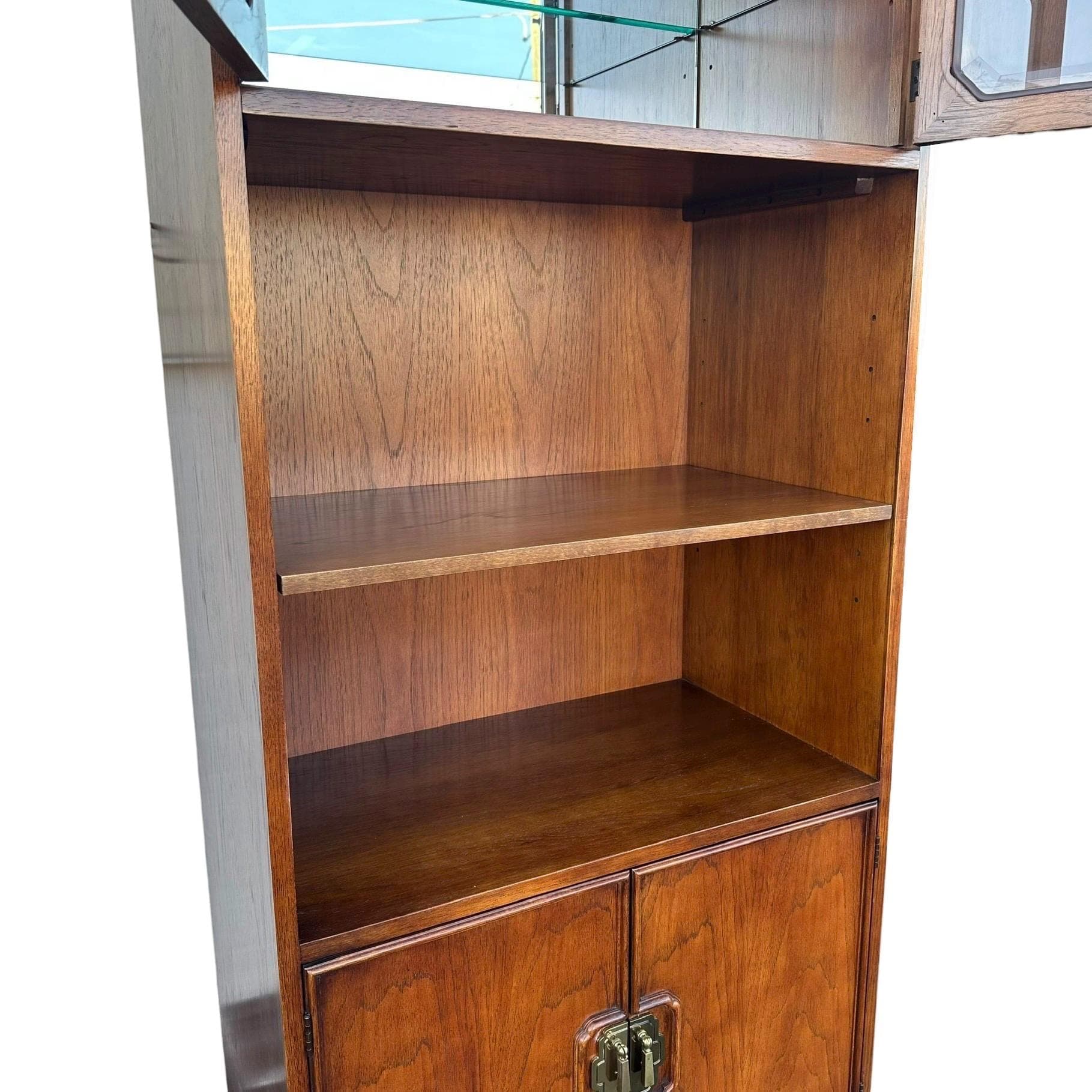 Vintage Thomasville Mystique Display Cabinet - Lighted Glass Top, Mirrored Back, Pecan Wood, Asian-Inspired Hardware - Thumbnail 8