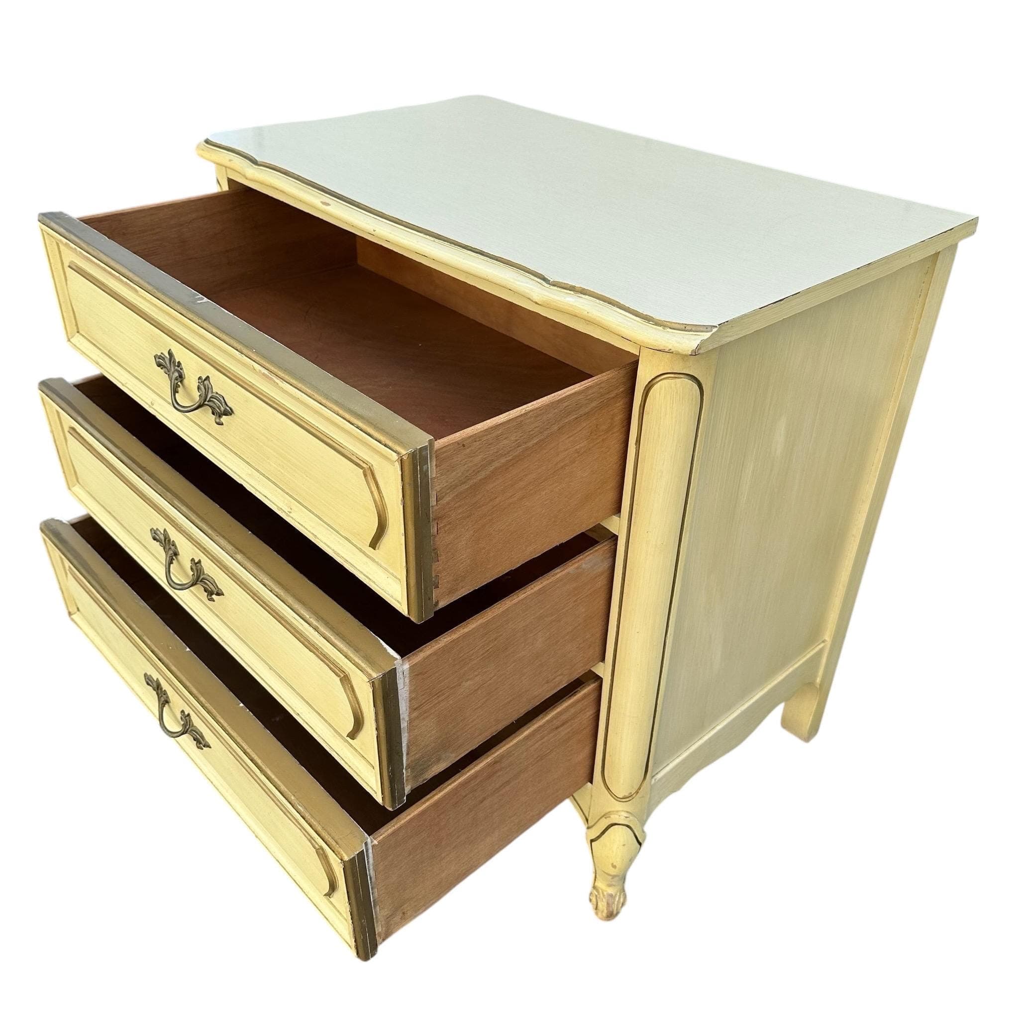 French Provincial Nightstand Chest by Henry Link with 3 Drawers 30” Tall - Vintage Cream & Gold Shabby Chic Louis XV End Table Dresser - Thumbnail 3