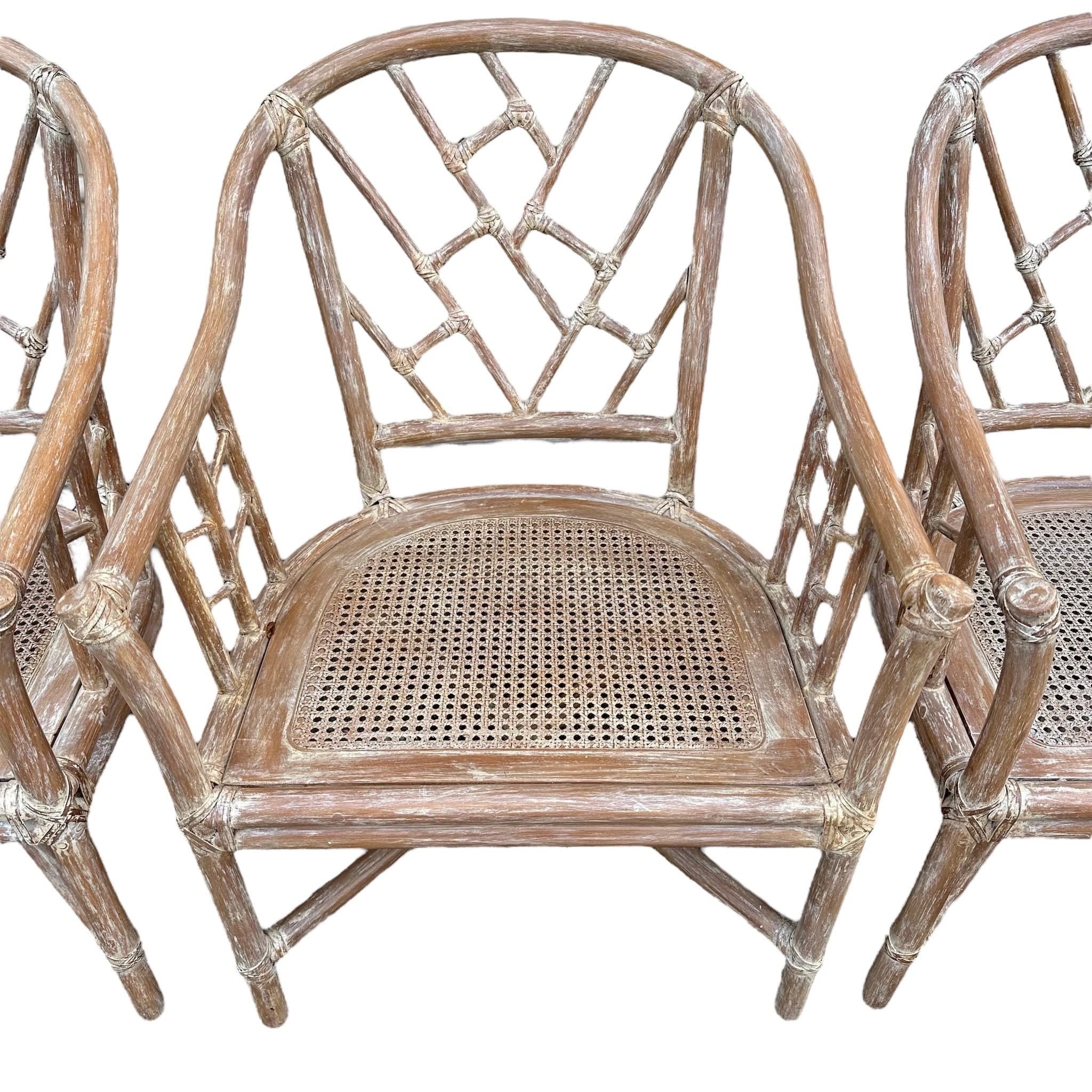 Set of 4 Rattan Arm Chairs with Chinese Chippendale Backs & Cane Seats - Vintage Chinoiserie White Wash Faux Bamboo Wood Hollywood Regency - Thumbnail 5