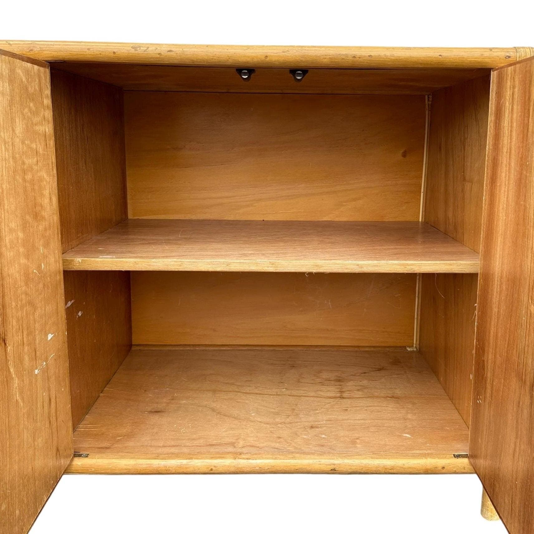 Bamboo Sideboard with Sculptural Winged Sides and Geometric Split Reed Details 72” Long - Vintage Coastal Rattan Wood Credenza - Thumbnail 6