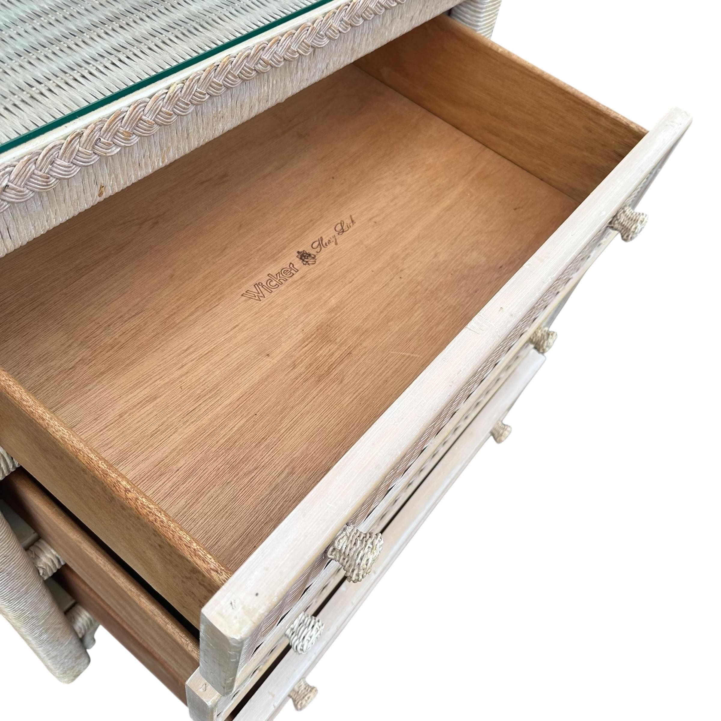 SOLD Natural Wicker Nightstand Chest by Henry Link 30” Tall - Vintage Coastal Rattan Boho Chic 3 Drawer Dresser & Glass Table Top - Thumbnail 5