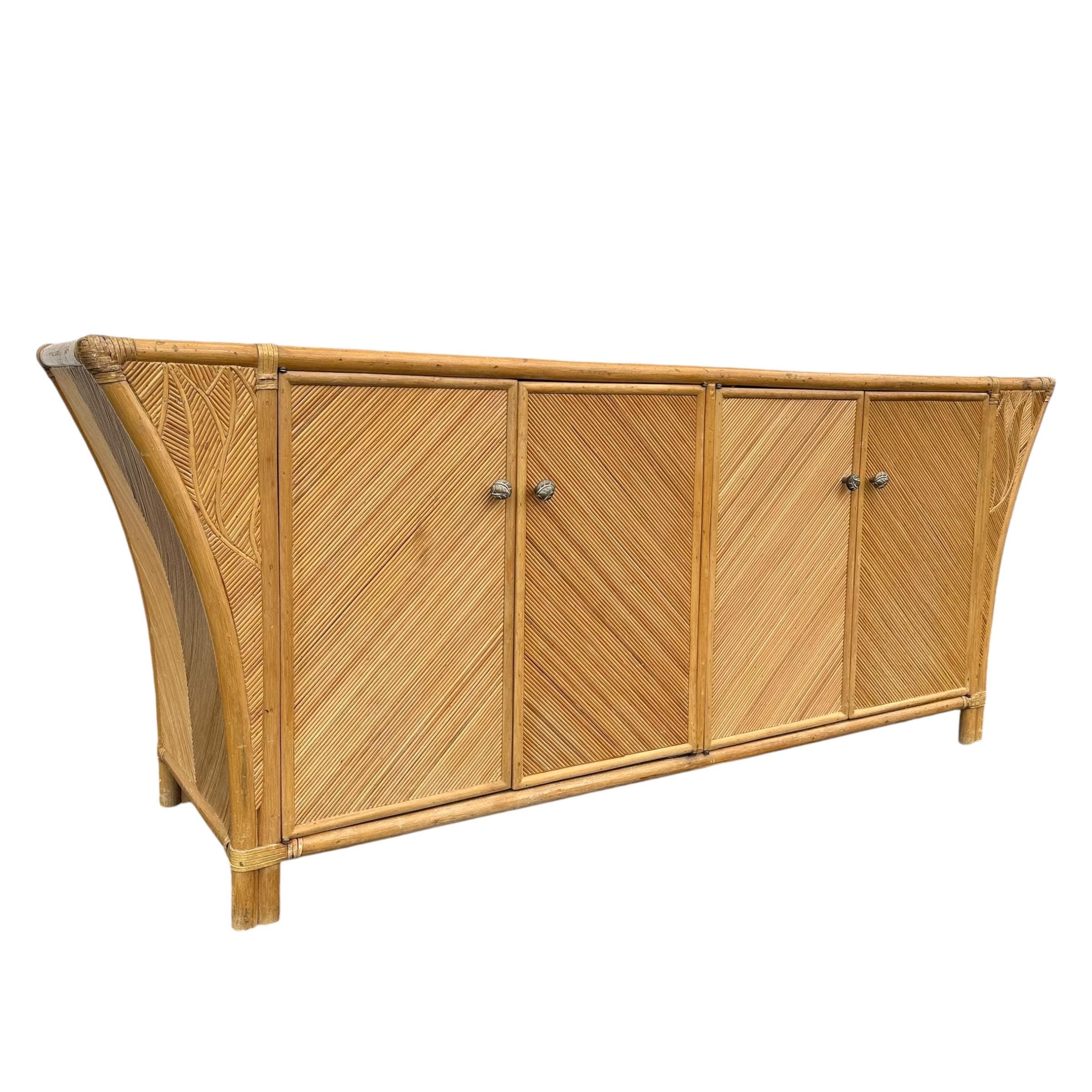 Bamboo Sideboard with Sculptural Winged Sides and Geometric Split Reed Details 72” Long - Vintage Coastal Rattan Wood Credenza - Thumbnail 2