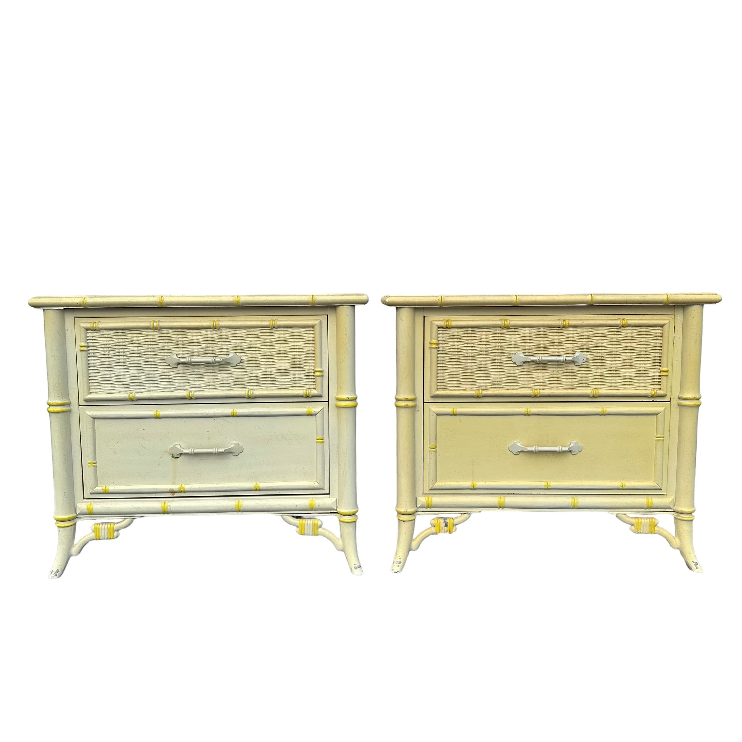 Set of 2 Hollywood Regency Nightstands by Stanley - 1970s Vintage Faux Bamboo & Rattan Wicker, Light Yellow, Chinoiserie Coastal End Tables - Thumbnail 10