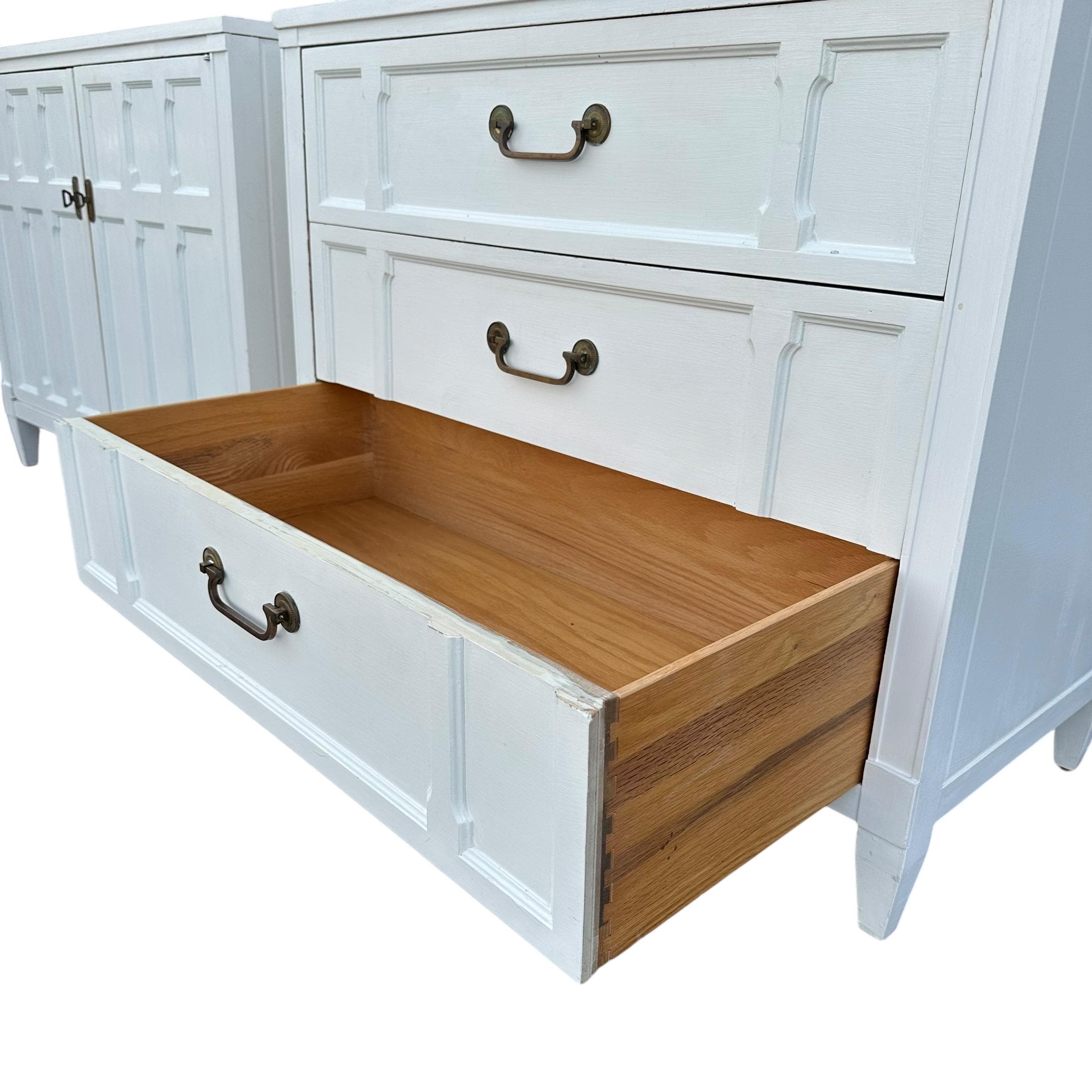 Large Nightstands 30" Tall x 36' Wide by Drexel Triune - Set of 2 Vintage 1960s Midcentury White Bedside Commode Chest Server Cabinets Pair - Thumbnail 4