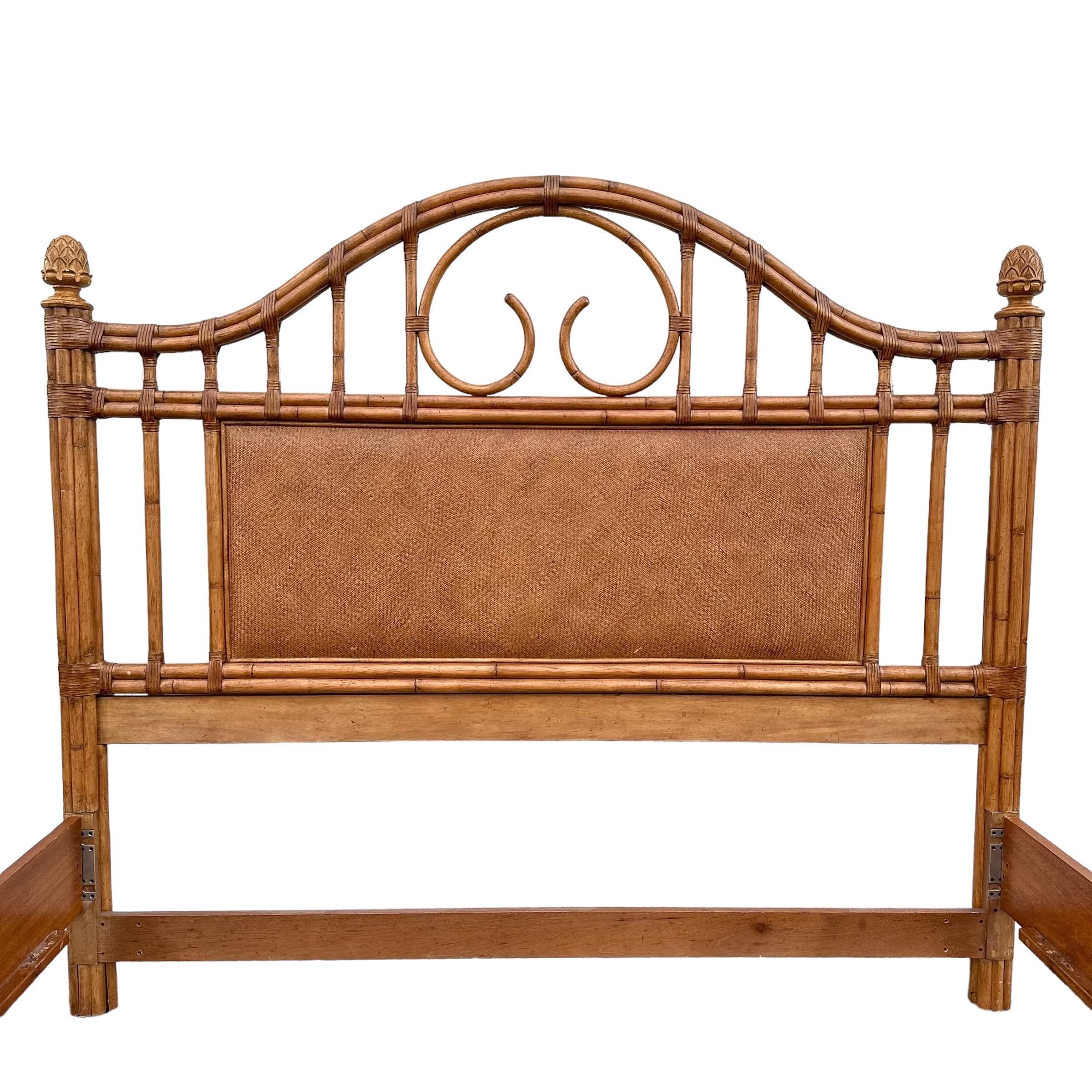 Bamboo King Bed with Rattan Post Headboard & Footboard 71" Tall - Coastal Wicker Carved Wood Artichoke Finials Tommy Bahama Style Furniture - Thumbnail 8