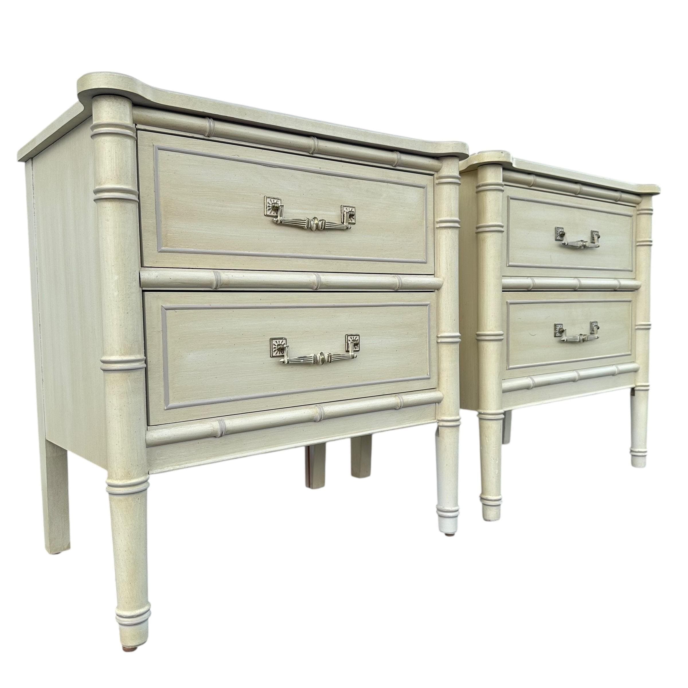 Henry Link Nightstands Set of 2 - Original Vintage Creamy White Bali Hai Faux Bamboo End Tables Pair Hollywood Regency Chinoiserie Style - Thumbnail 4