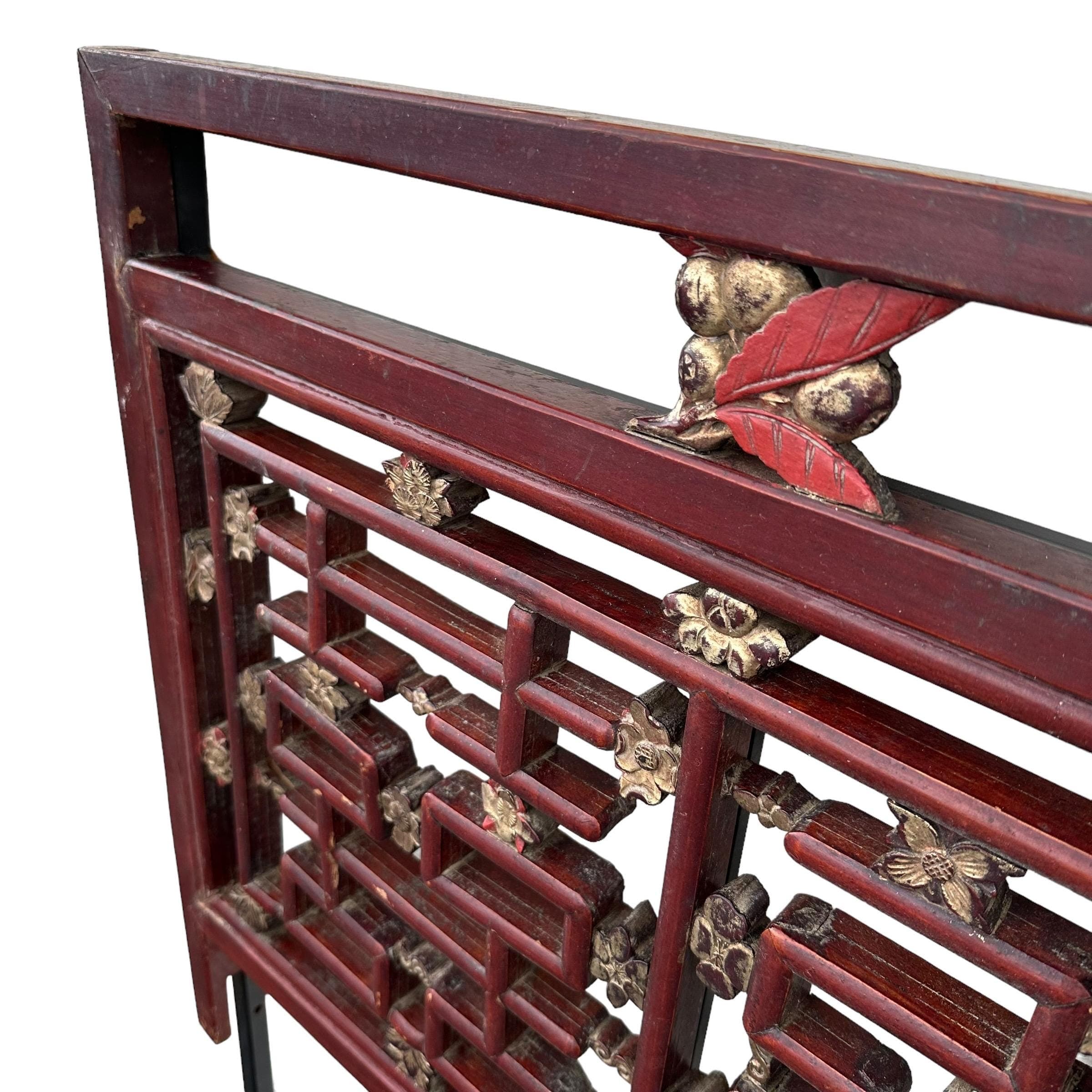 Vintage Chinese Chippendale King Headboard with Hand Carved Wood Fretwork Floral Details in Antique Asian Red & Gold and Steel Support Frame - Thumbnail 3