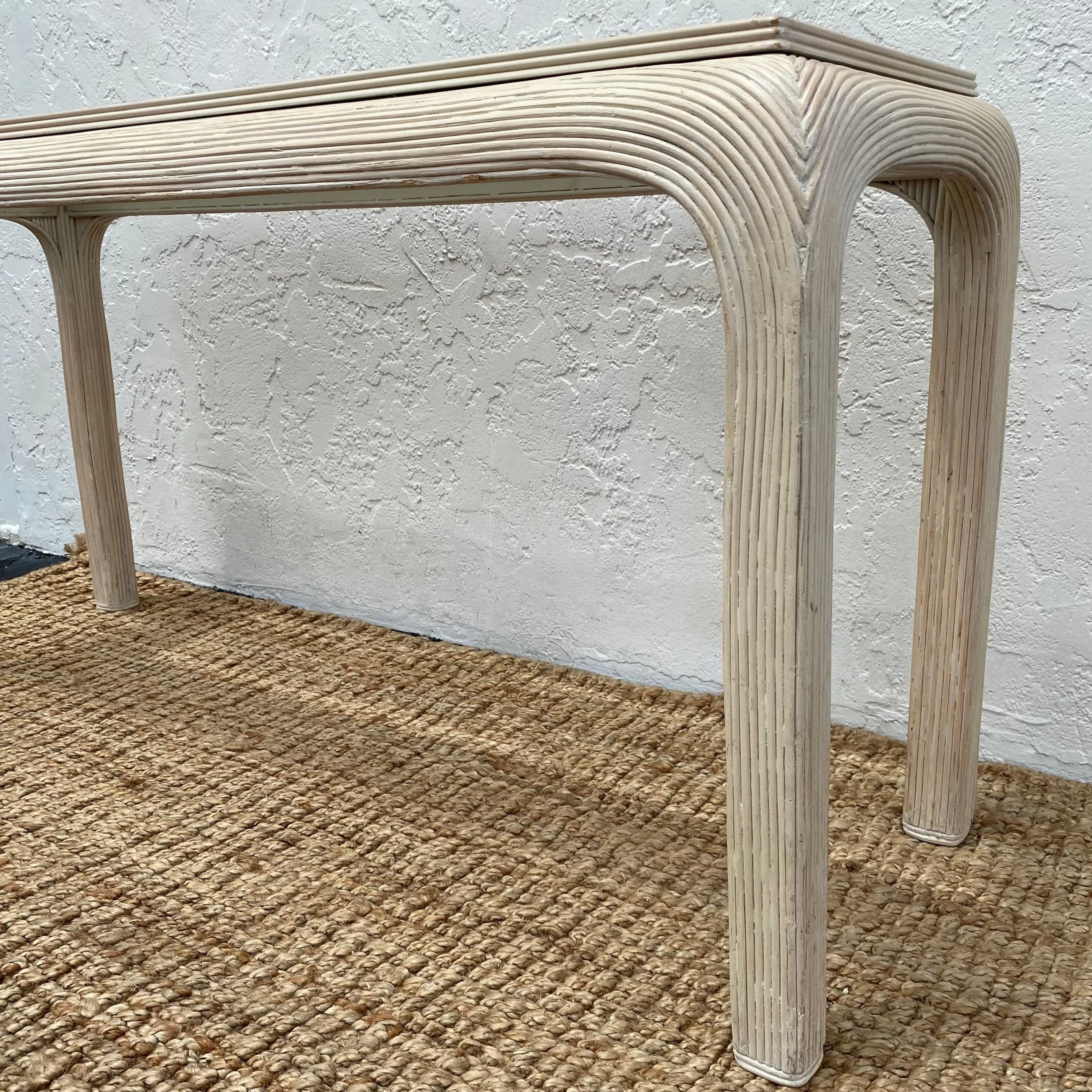 Pencil Reed Console Table with Waterfall Edges & Beveled Glass Top - Vintage Hollywood Regency Postmodern Furniture - Thumbnail 8