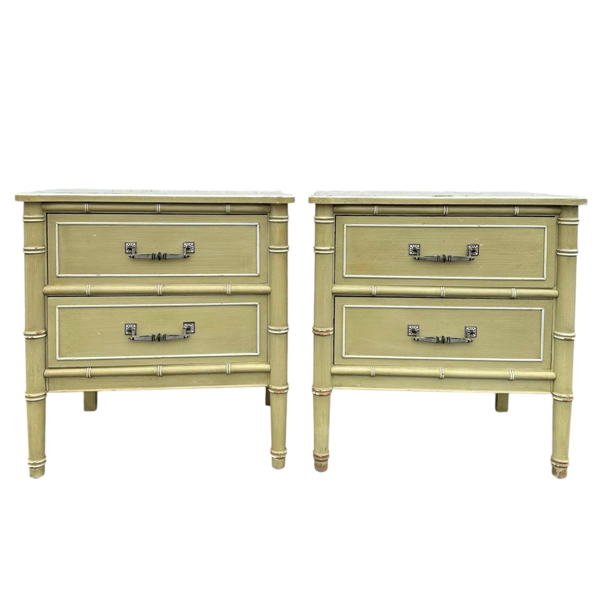 Henry Link Nightstands Set of 2 - Original Vintage Green Bali Hai Faux Bamboo End Tables Pair Hollywood Regency Chinoiserie Coastal - Image 1