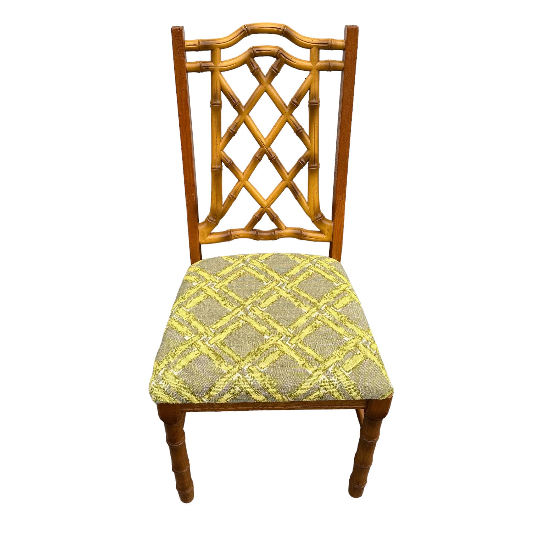 SOLD Vintage Faux Bamboo Chair - Hollywood Regency Fretwork Wooden Palm Beach Coastal Style Dining or Desk Furniture - Thumbnail 2