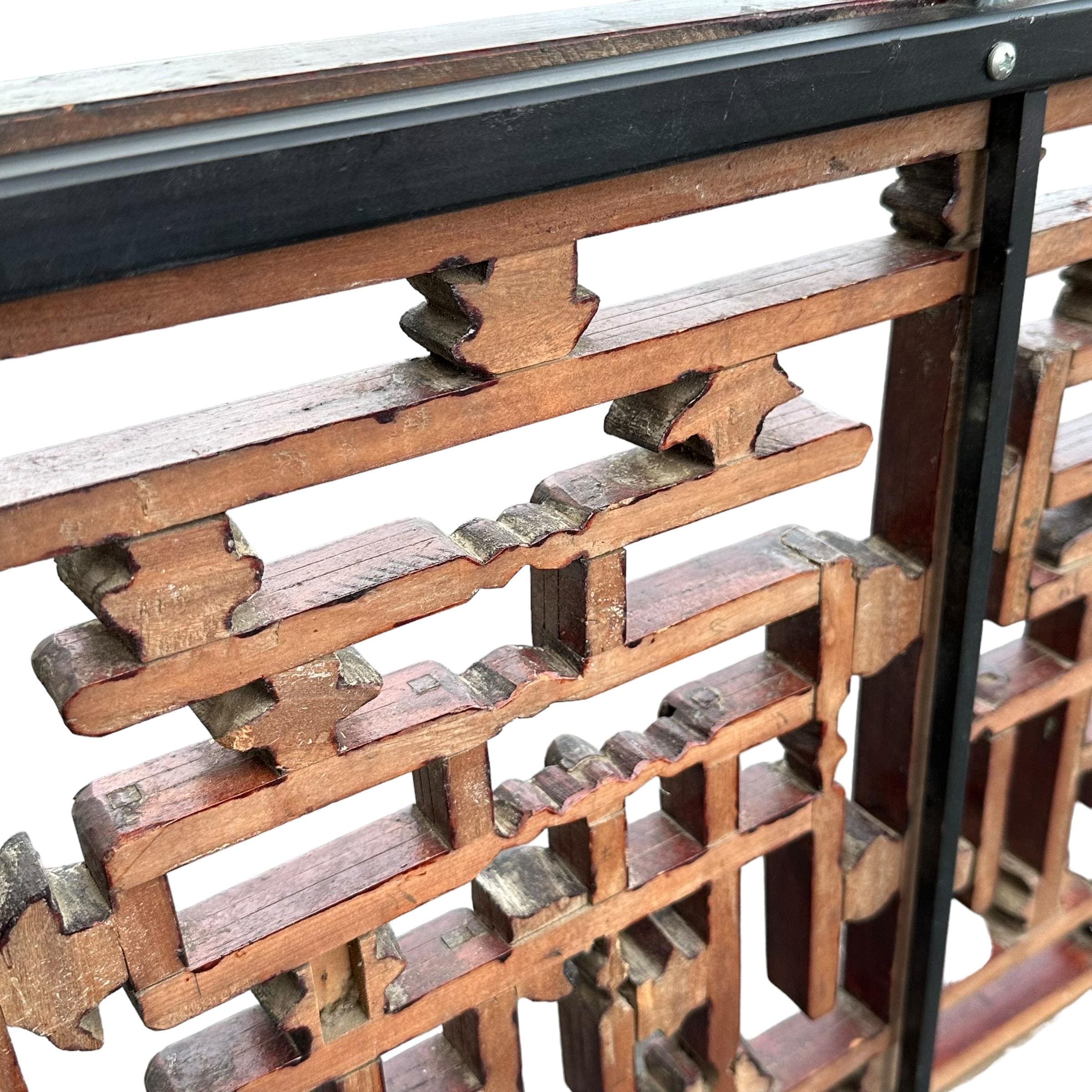 Vintage Chinese Chippendale King Headboard with Hand Carved Wood Fretwork Floral Details in Antique Asian Red & Gold and Steel Support Frame - Thumbnail 9