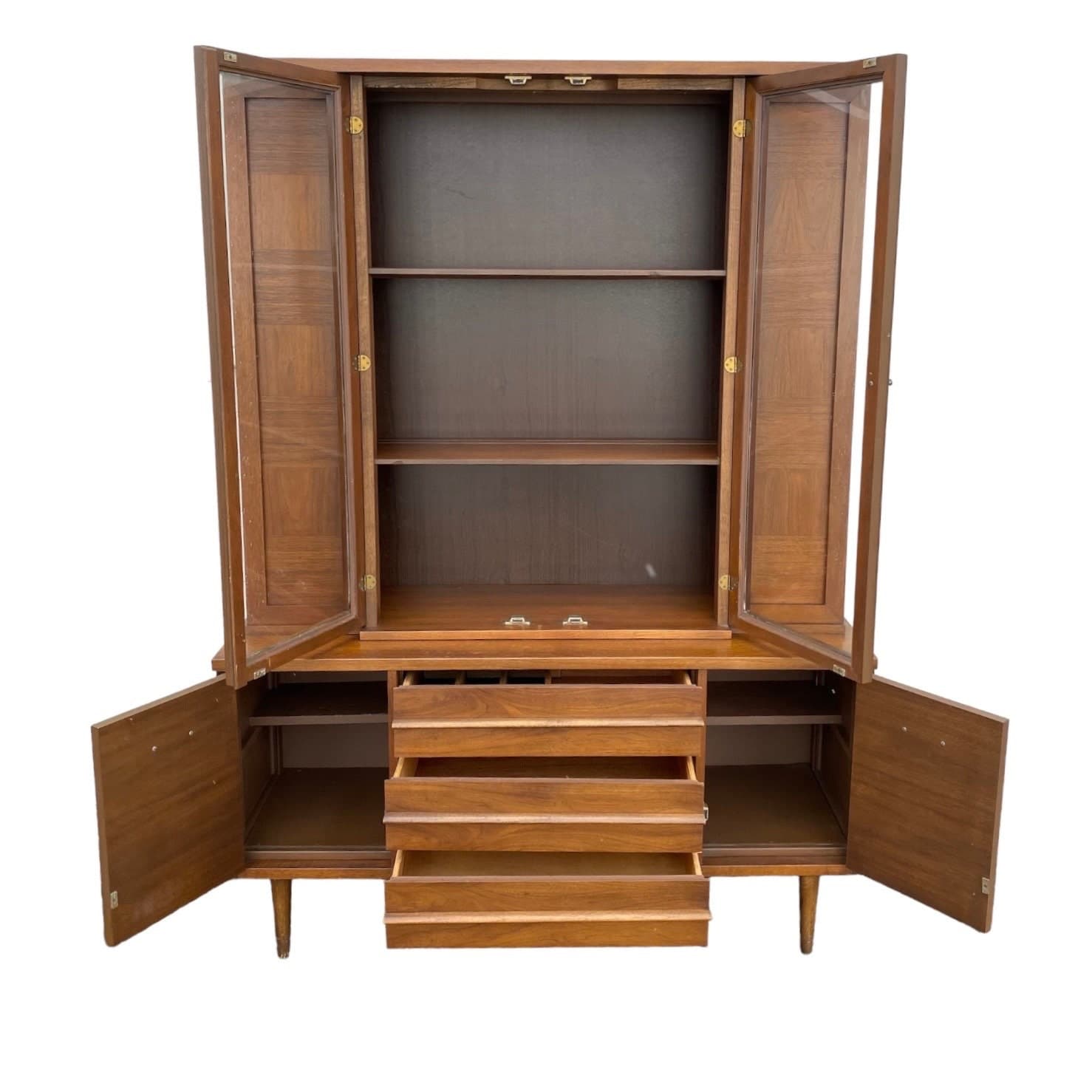 MidCentury Modern China Cabinet with Glass Display Wood Hutch and 3 Dovetailed Drawers - Vintage MCM Walnut Wooden Furniture - Thumbnail 2