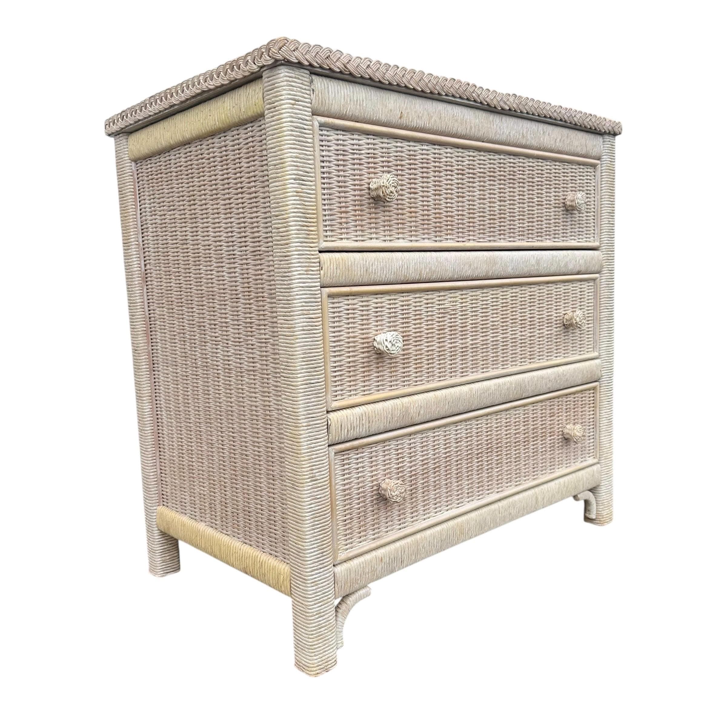 SOLD Natural Wicker Nightstand Chest by Henry Link 30” Tall - Vintage Coastal Rattan Boho Chic 3 Drawer Dresser & Glass Table Top - Thumbnail 10