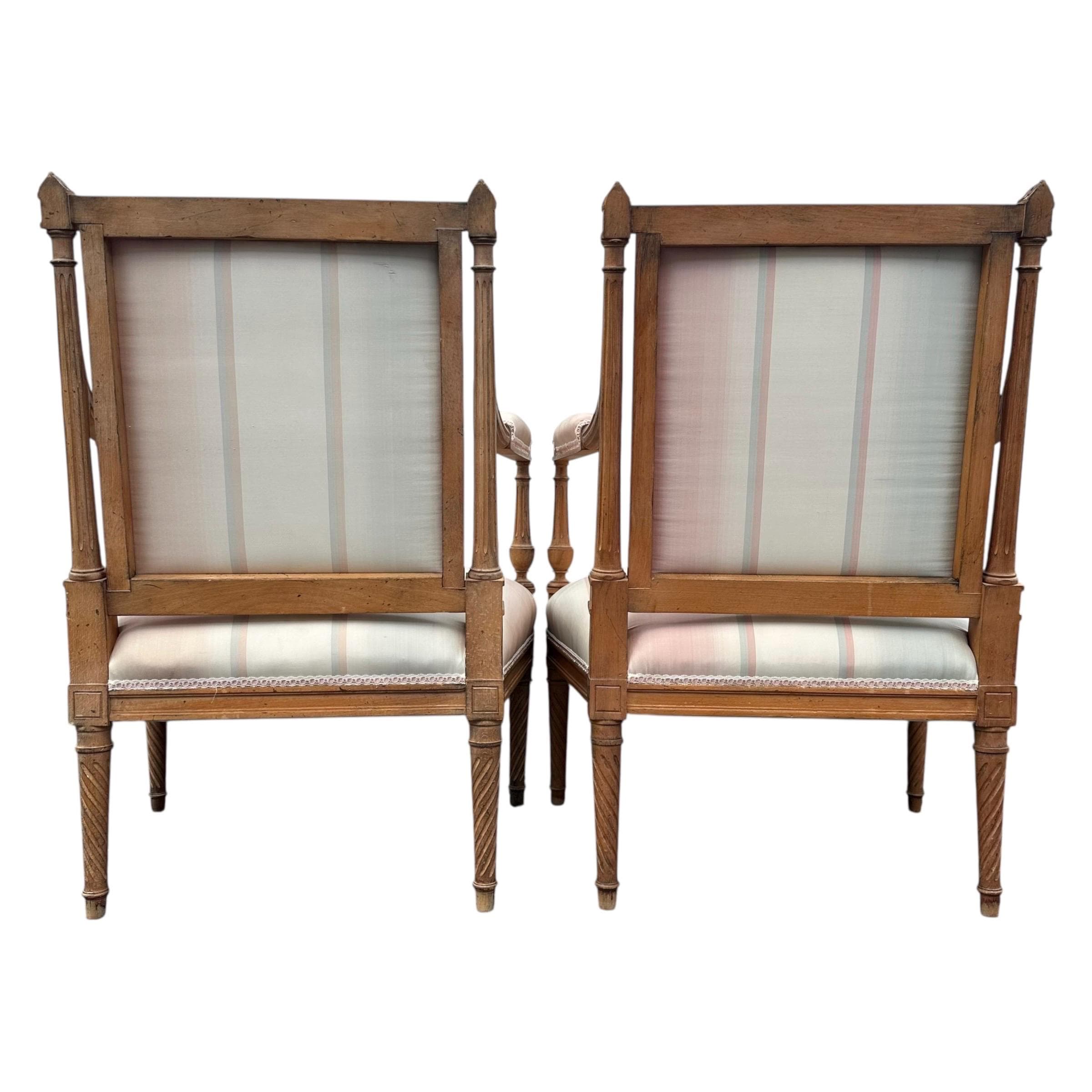 Louis XVI Style Armchairs: Vintage Carved Wood, Striped Upholstery - Set of 2 - Thumbnail 9