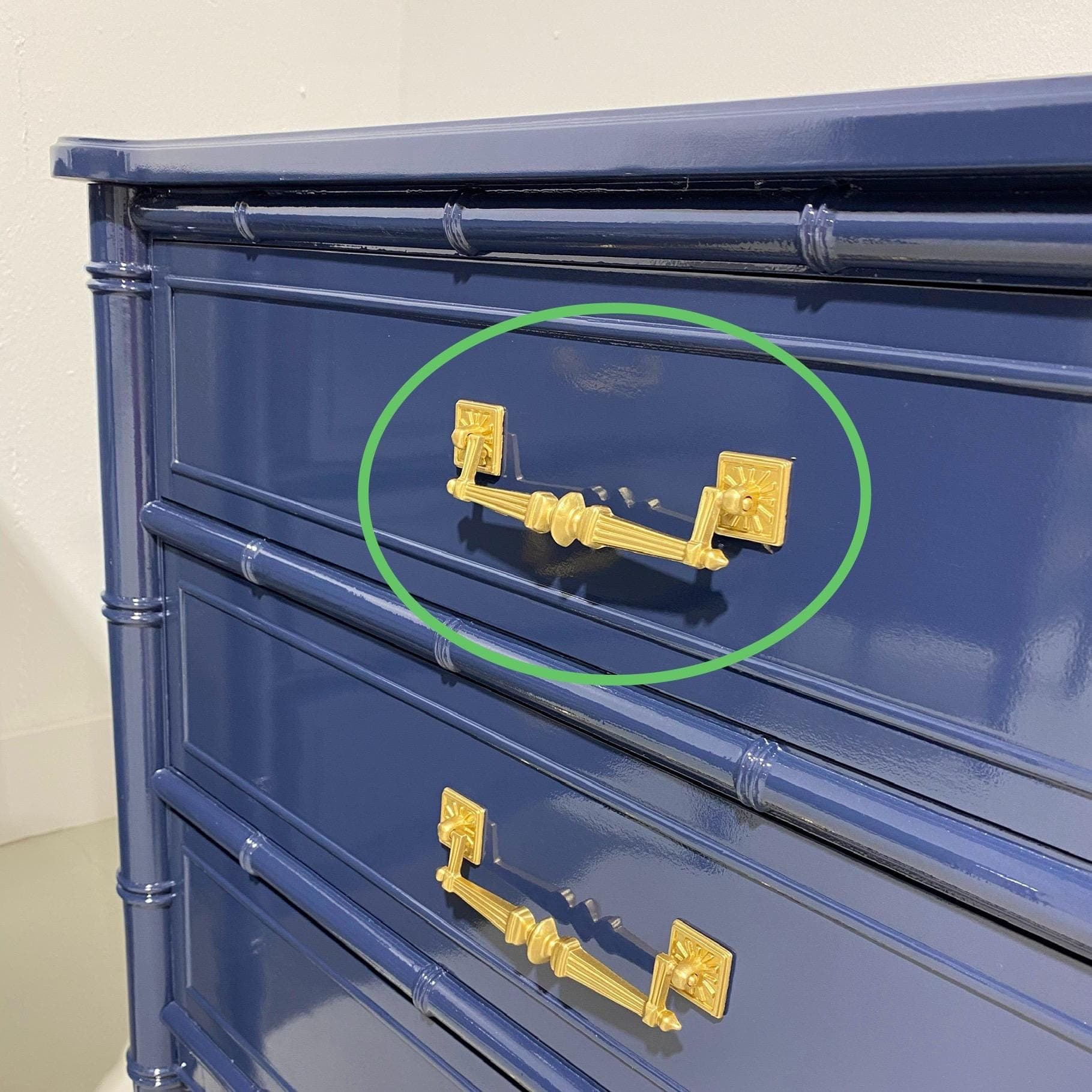 Vintage Brass Hardware 5” Center - 1970s Midcentury Ornate Gold Refinished Henry Link Bali Hai Faux Bamboo Sunburst Dresser Drawer Pull - Thumbnail 4