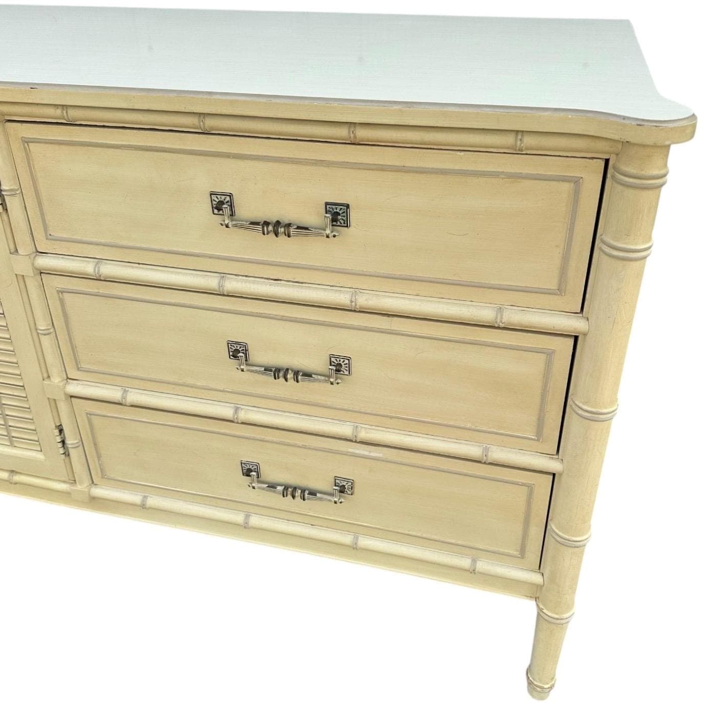 Faux Bamboo Dresser by Henry Link Bali Hai 70" Long Vintage Creamy White Shutter Louver Door Hollywood Regency Coastal 9 Drawer Credenza - Thumbnail 3