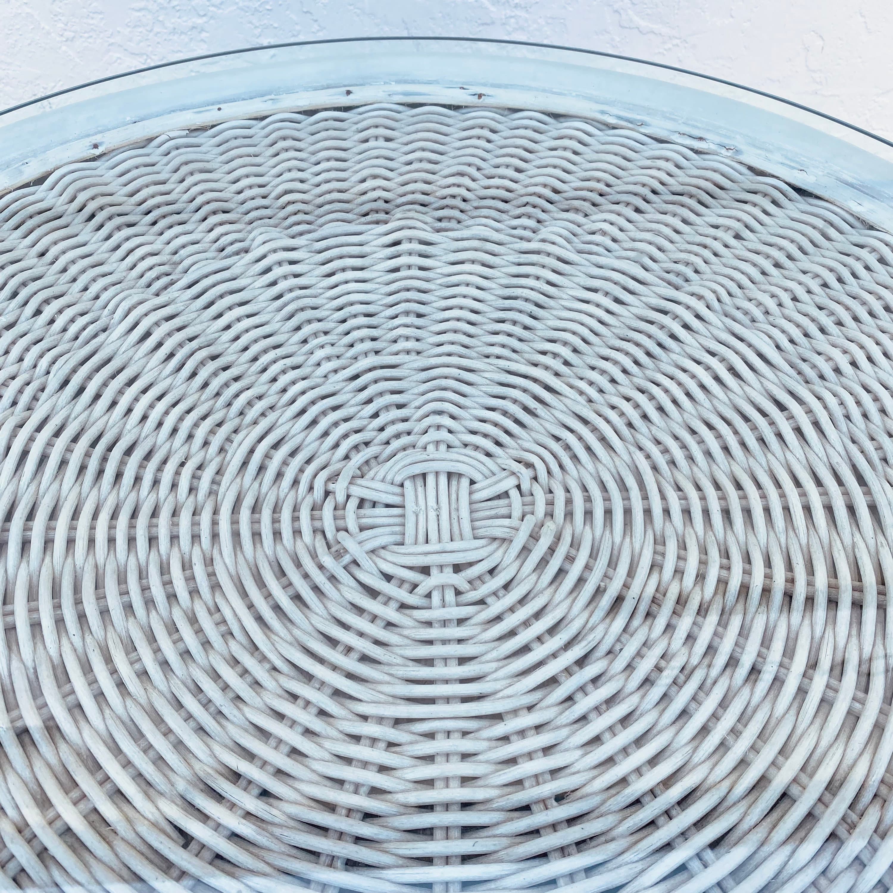 Round Rattan End Table with Glass Top 30W 21H - Vintage White Wash Pedestal Wicker Base Side or Accent Table Coastal Boho Chic Furniture - Thumbnail 4