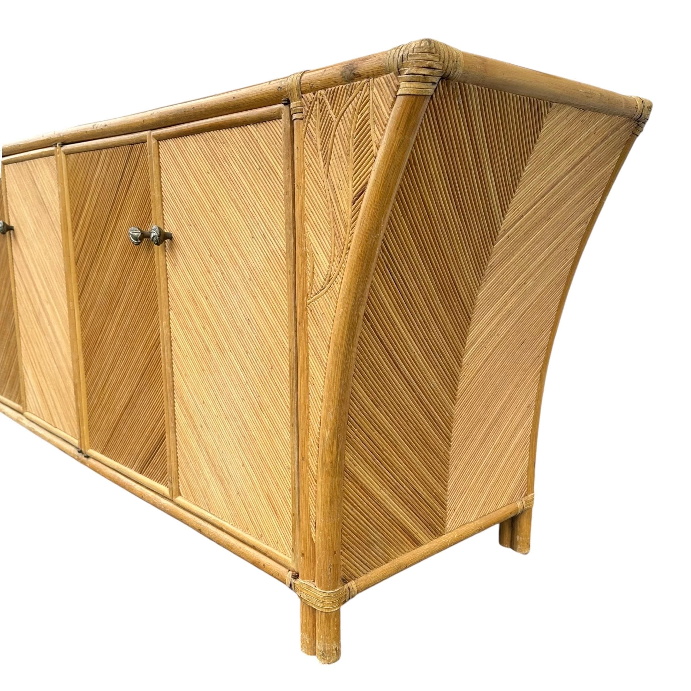 Bamboo Sideboard with Sculptural Winged Sides and Geometric Split Reed Details 72” Long - Vintage Coastal Rattan Wood Credenza - Thumbnail 8
