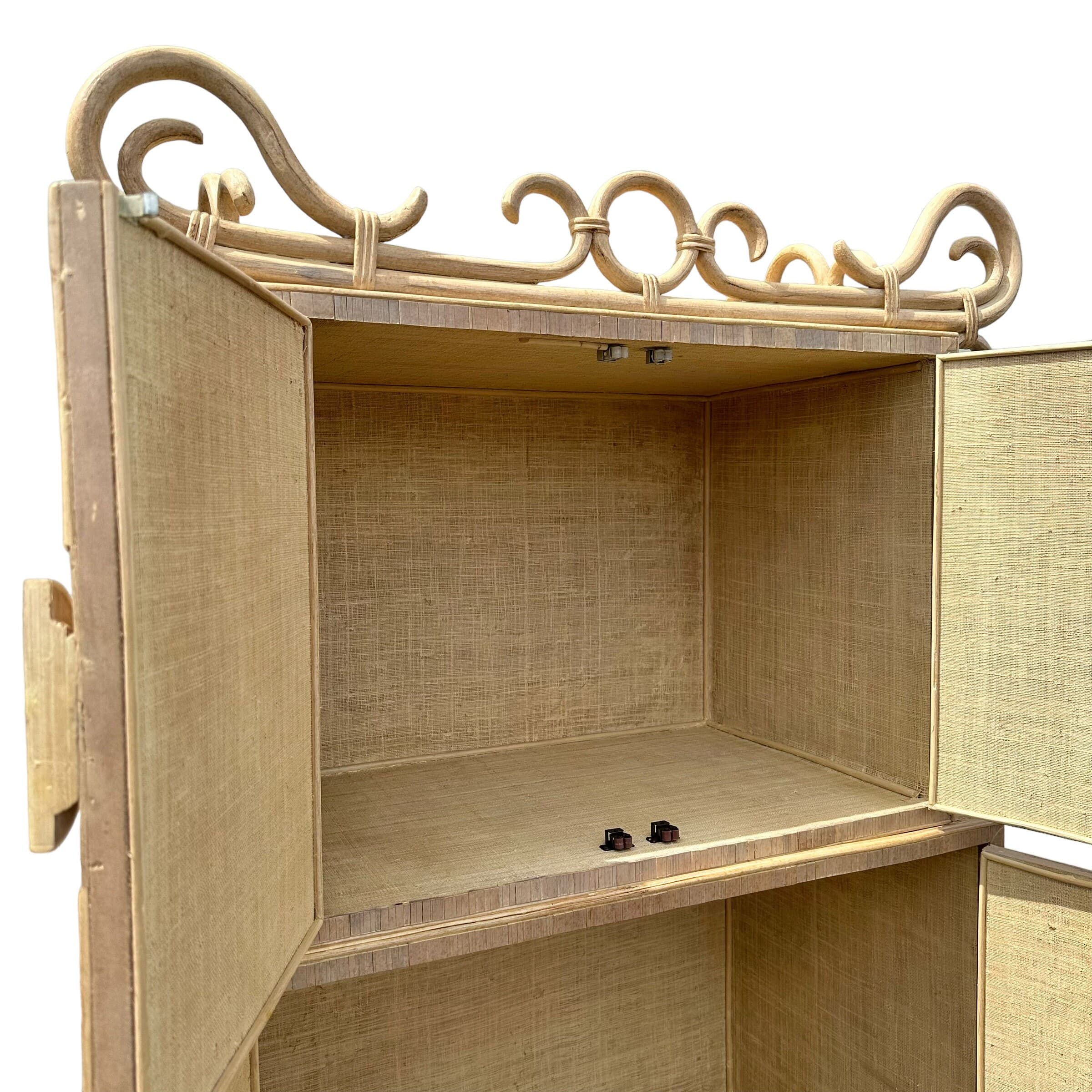 Chinoiserie Rattan Cabinet with Natural Bent Wood & Pencil Reed Base by Hickory - Vintage Three Tier Storage Tower Coastal Boho Showpiece - Thumbnail 4