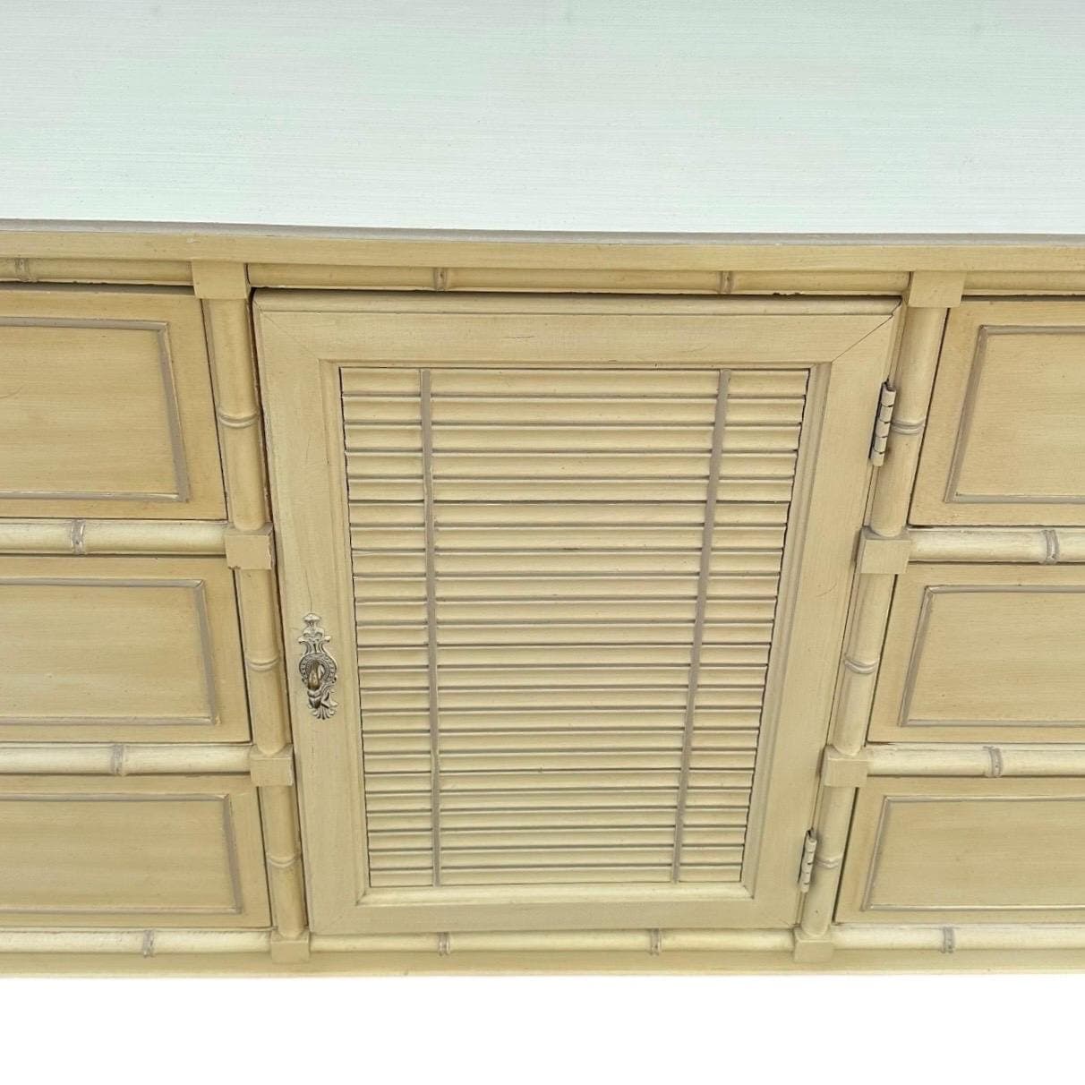 Faux Bamboo Dresser by Henry Link Bali Hai 70" Long Vintage Creamy White Shutter Louver Door Hollywood Regency Coastal 9 Drawer Credenza - Thumbnail 4