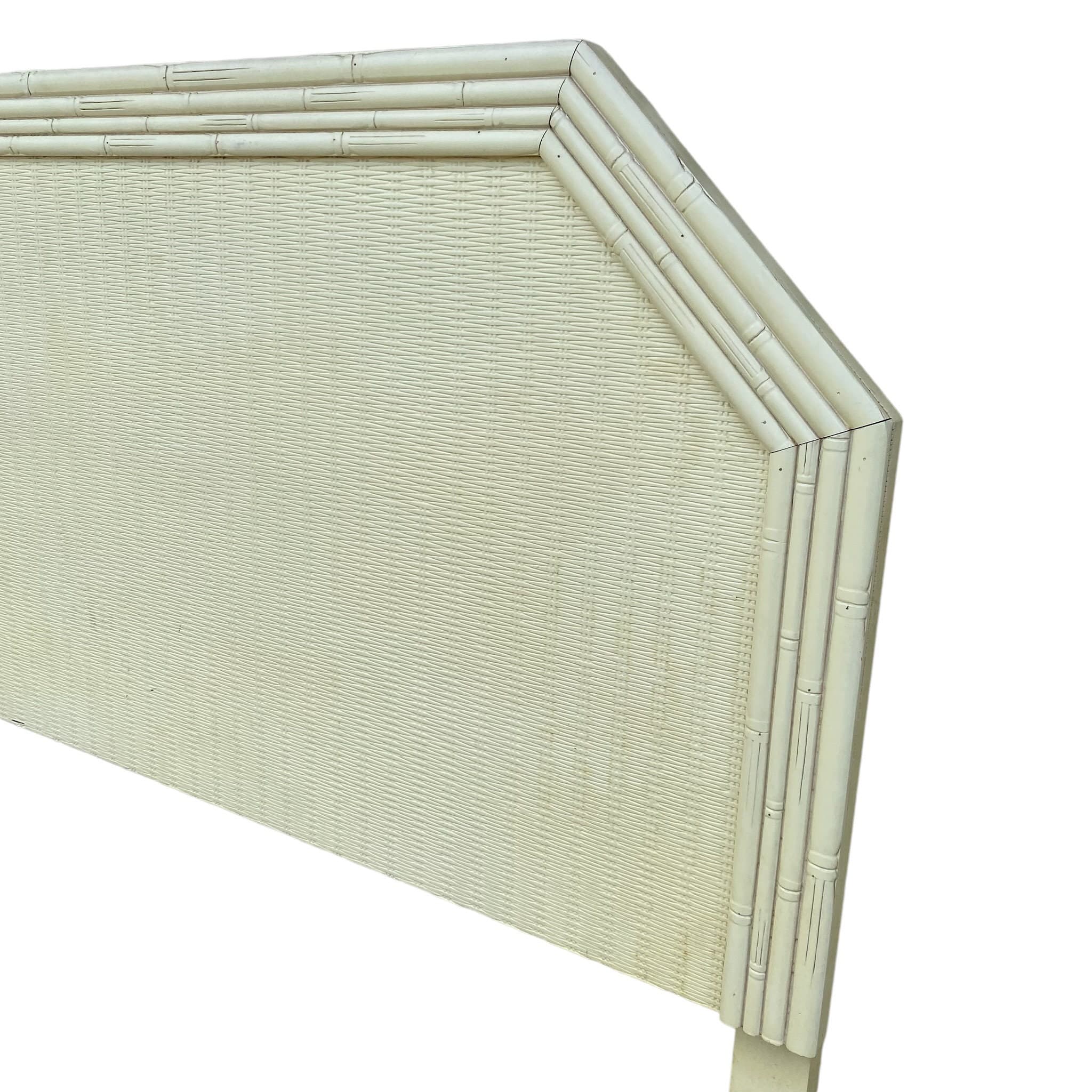 Faux Bamboo Queen Headboard with Rattan Wicker - Vintage White Broyhill Coastal Hollywood Regency Bedroom Furniture - Thumbnail 5