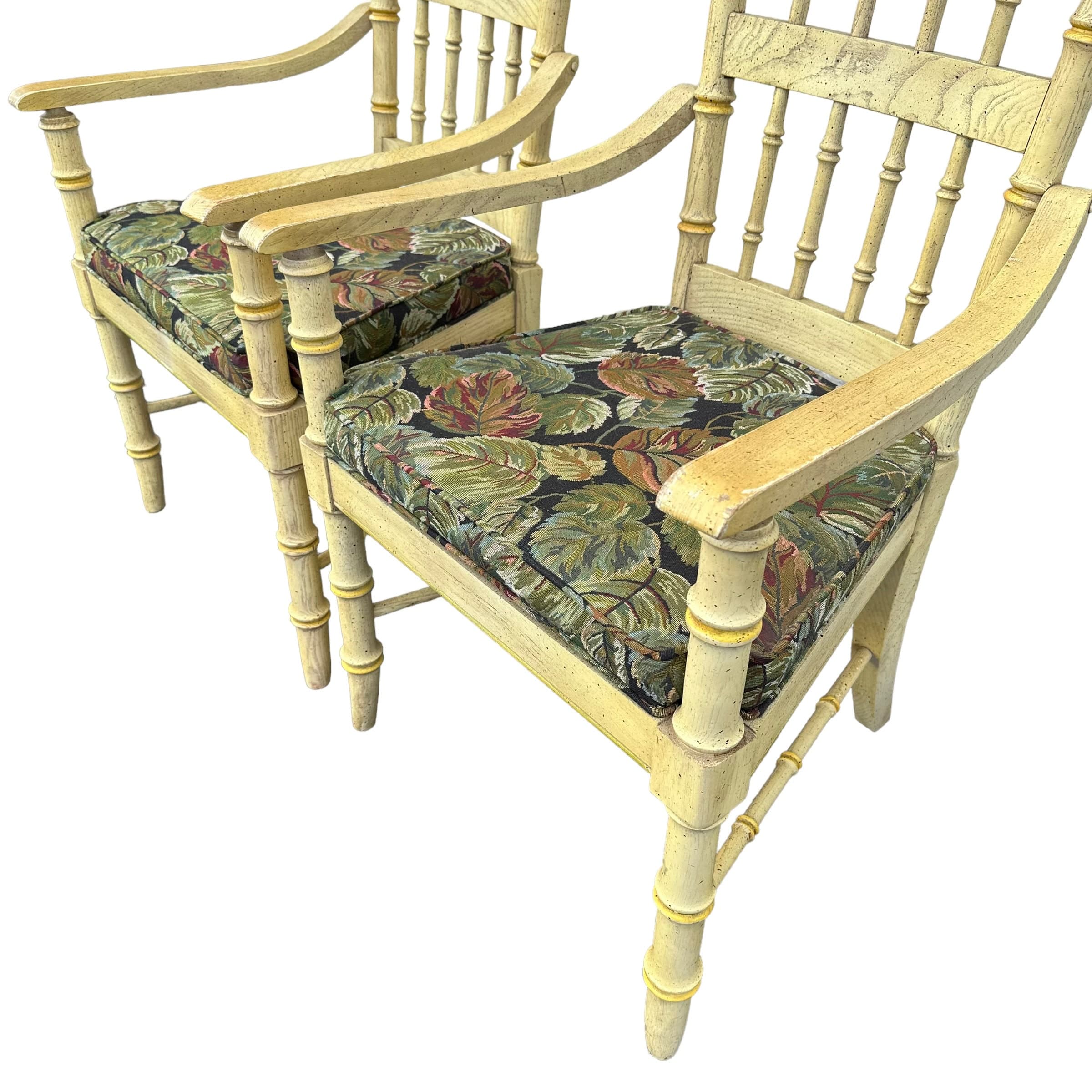 Faux Bamboo Armchairs with Spindles & Finials by Stanley Furniture Set of 2 - 1970s Vintage Pair Coastal Palm Beach Dining Accent Arm Chairs - Thumbnail 2