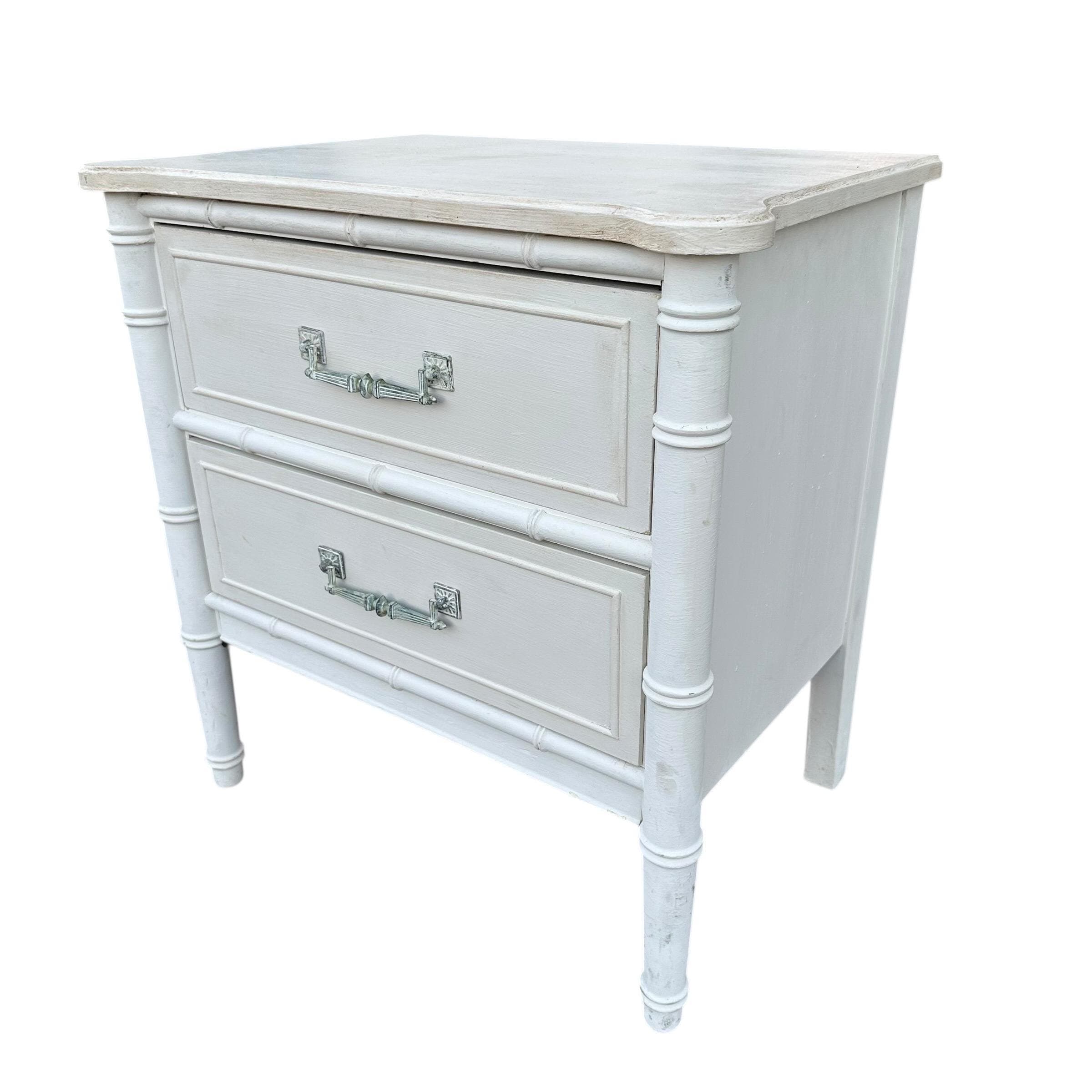 Faux Bamboo Nightstand by Henry Link Bali Hai - Vintage White Wash End Table Hollywood Regency Coastal - Thumbnail 3