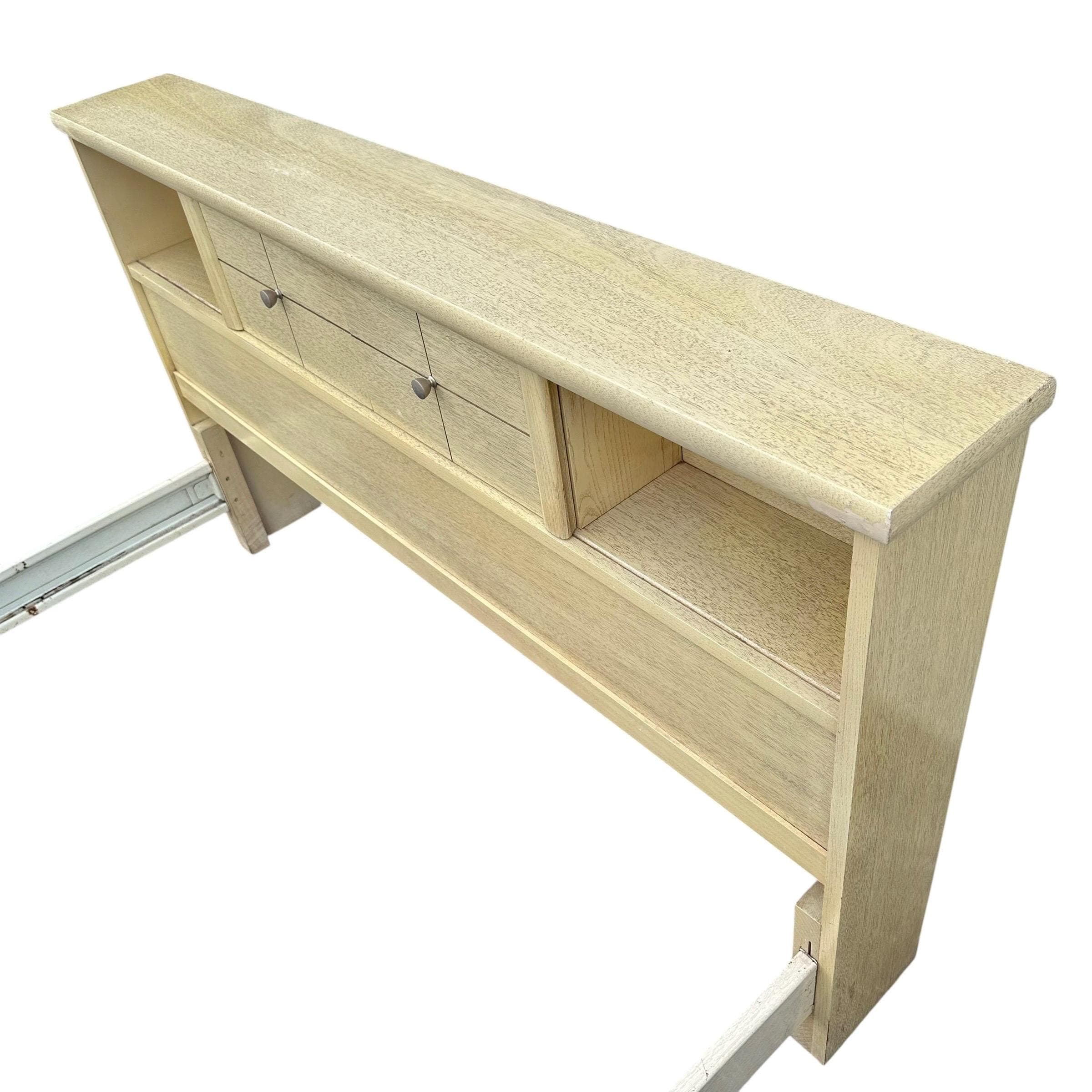 Mid Century Modern Full Size Bed Frame: Blonde Wood Storage Headboard, Brass Accents - Thumbnail 9