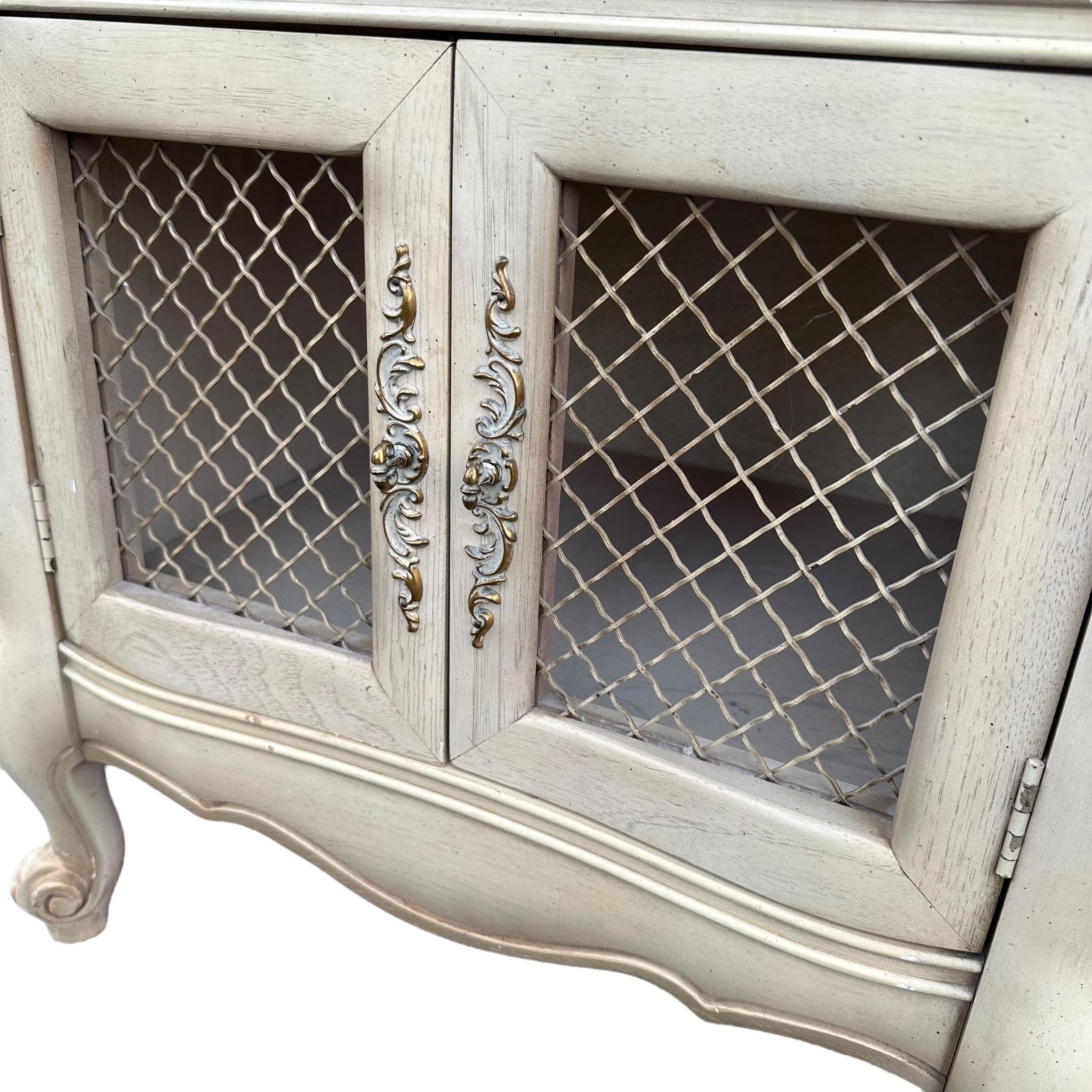 French Provincial Nightstand 27” Tall - Vintage Louis XV Style Carved Wood & Lattice Wire Mesh Doors Shabby Chic End Table - Thumbnail 4