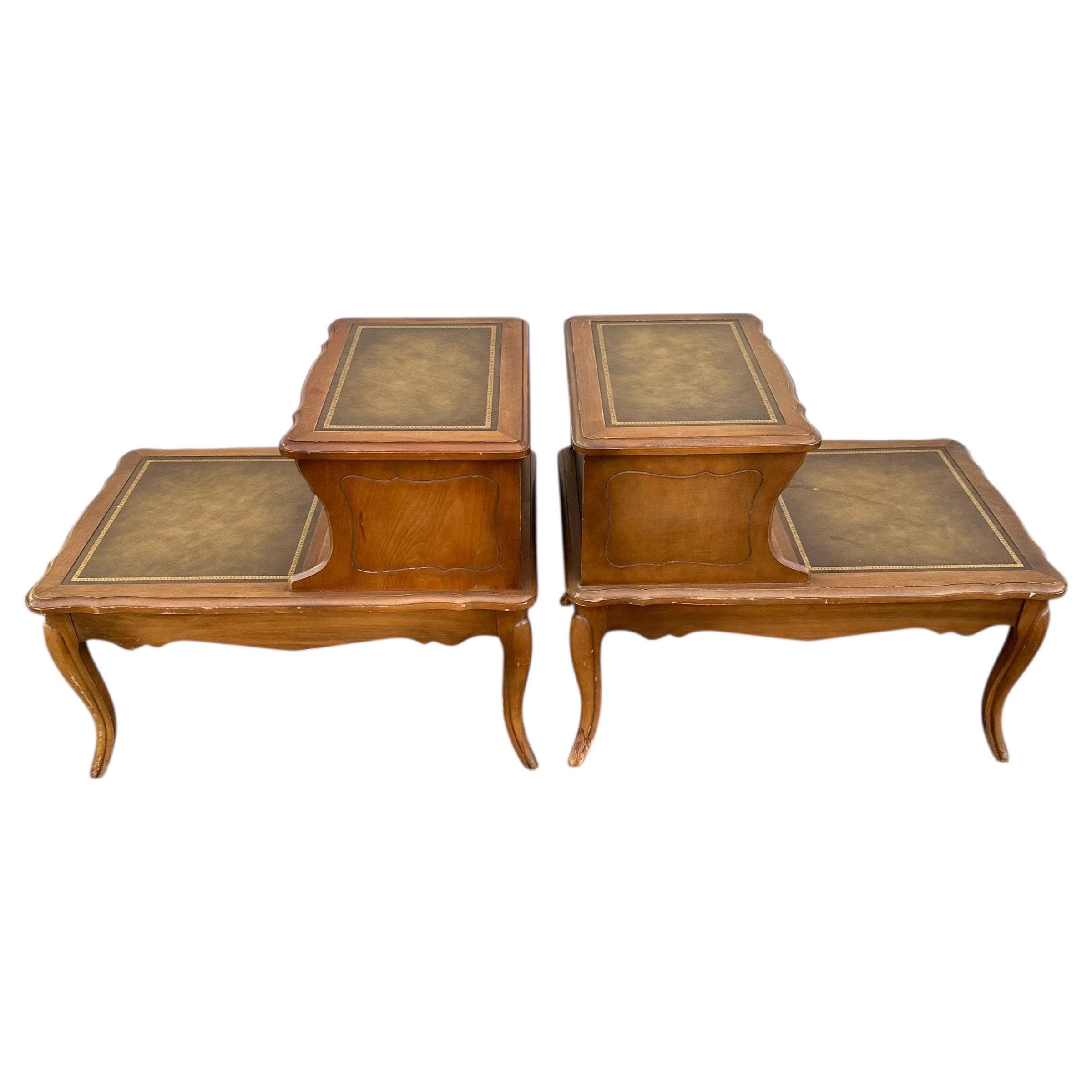 Vintage French Provincial Two Tier Nightstands - Pair of Open Shelf Leather Top Wood Bedside Tables - Thumbnail 3
