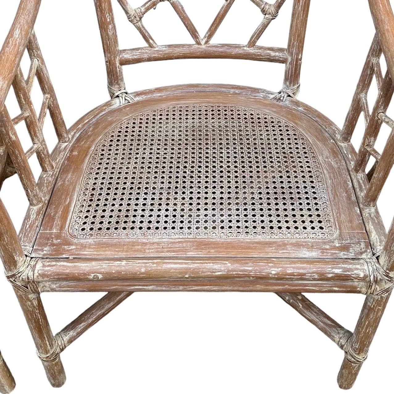 Set of 4 Rattan Arm Chairs with Chinese Chippendale Backs & Cane Seats - Vintage Chinoiserie White Wash Faux Bamboo Wood Hollywood Regency - Thumbnail 4