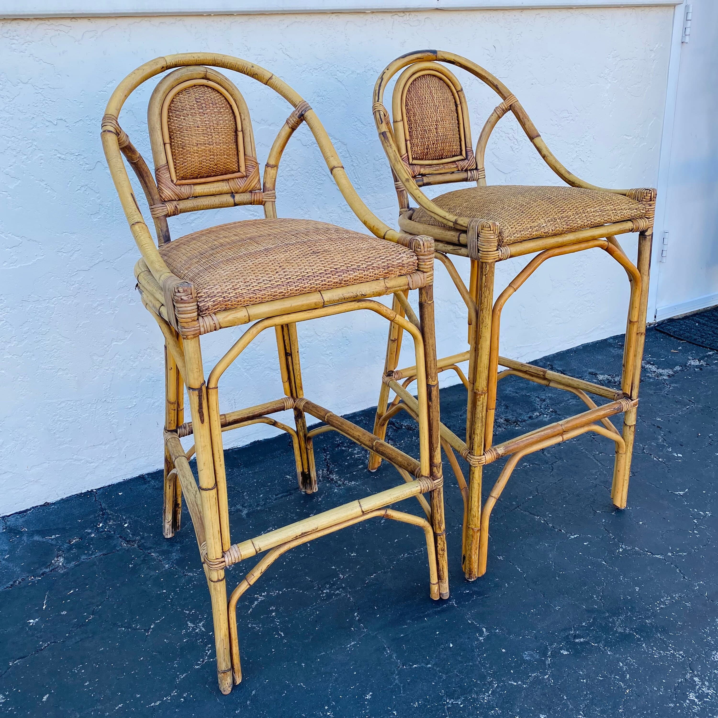 SOLD Set of 2 Vintage Rattan Barstools - Coastal Boho Chic Natural Bamboo Bentwood Wicker Chairs - Thumbnail 10