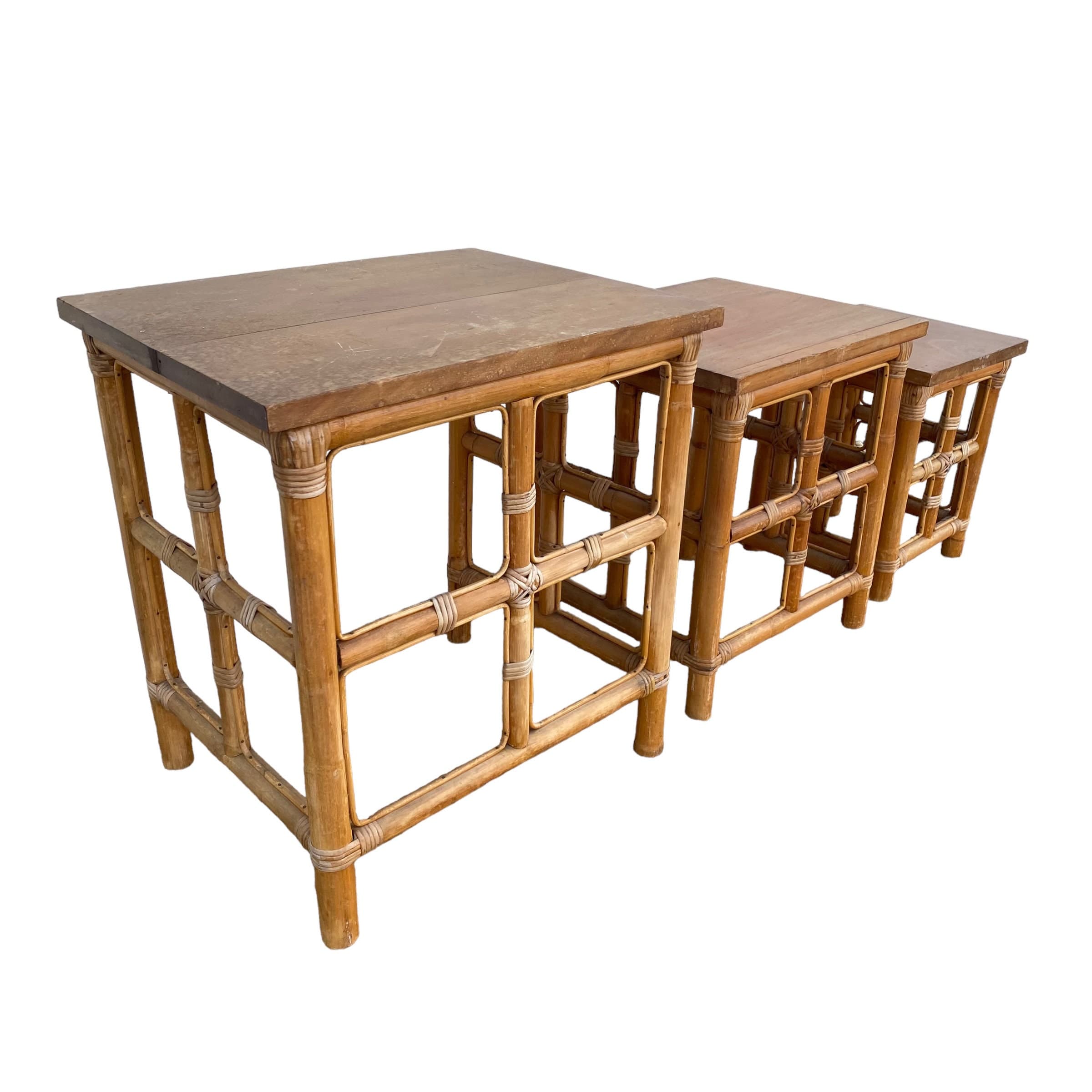 Bamboo Nesting Tables FREE SHIPPING Set of 3 Vintage Boho Rattan & Wood Coastal Chic Furniture - Image 1