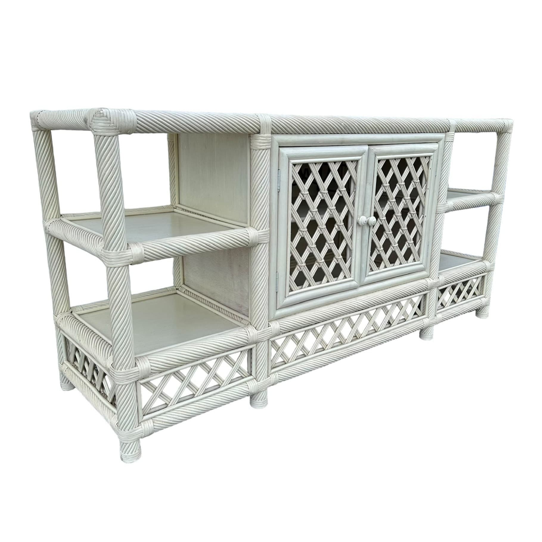 White Rattan Sideboard 60” - Vintage Woven Lattice Twisted Rope Media Center Console Hollywood Regency Coastal Wood Buffet Cabinet TV Table - Thumbnail 9