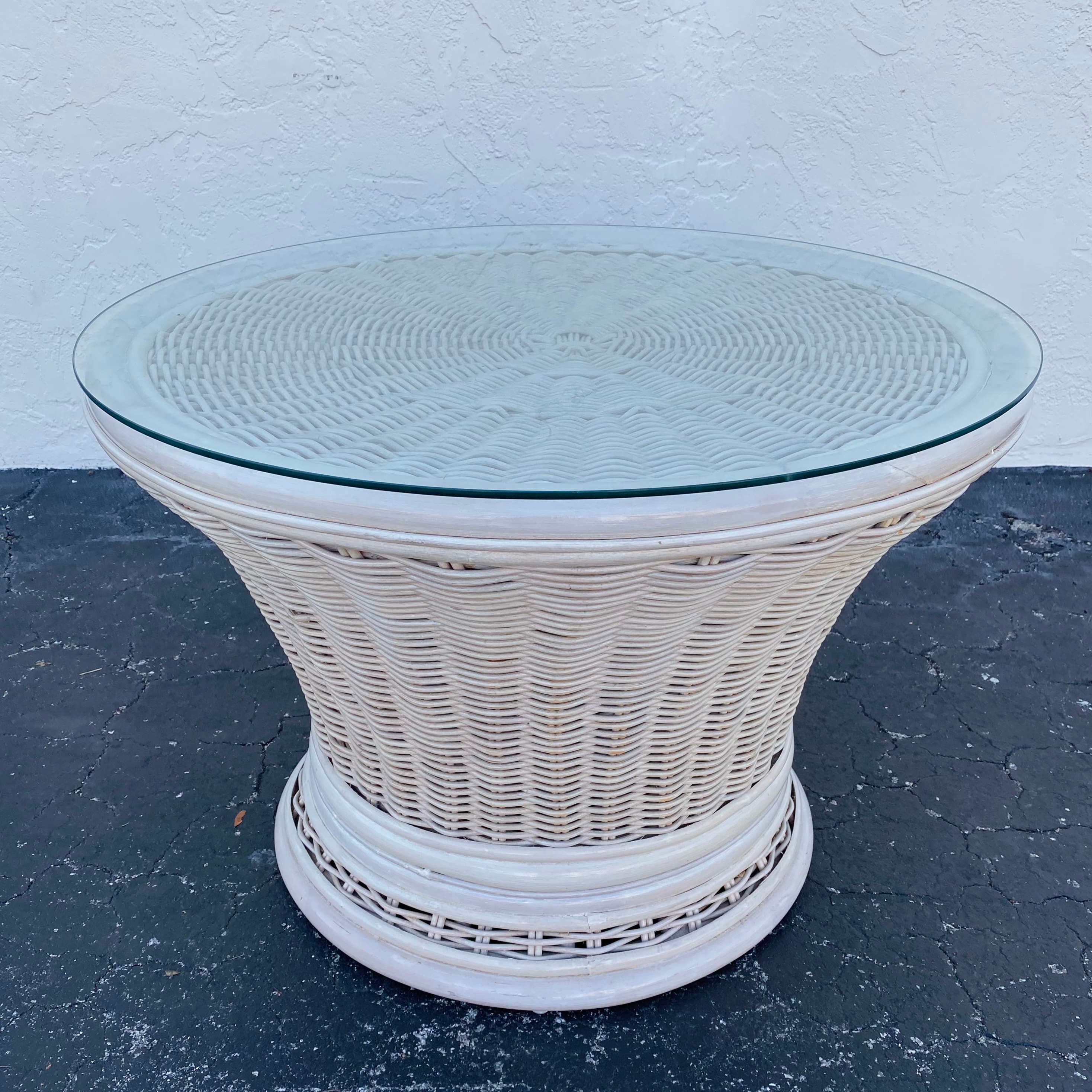 Round Rattan End Table with Glass Top 30W 21H - Vintage White Wash Pedestal Wicker Base Side or Accent Table Coastal Boho Chic Furniture - Thumbnail 3