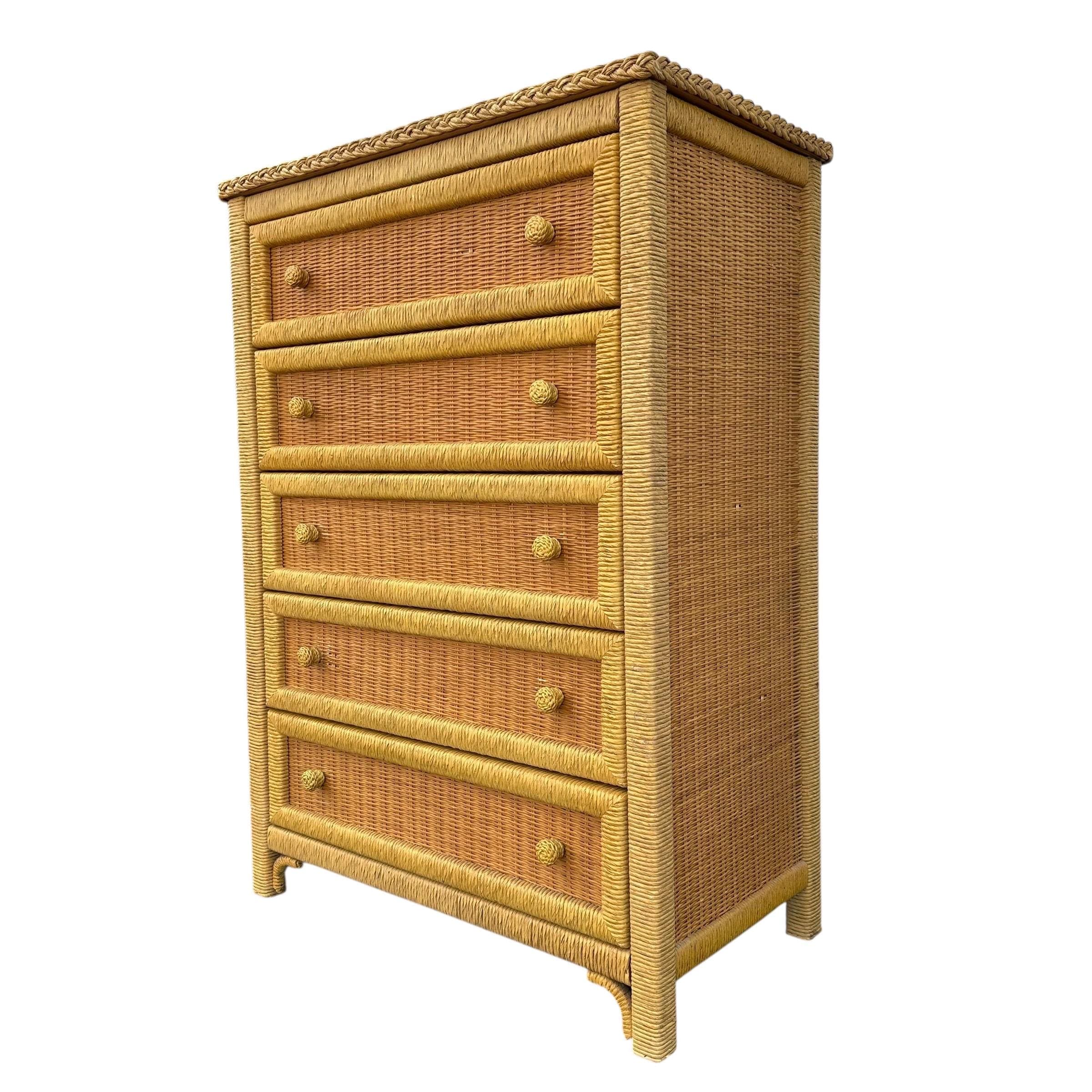 Wicker Dresser Chest by Henry Link - Vintage Natural Wrapped Rattan 5 Drawer Boho Chic Coastal Bamboo Style - Thumbnail 2