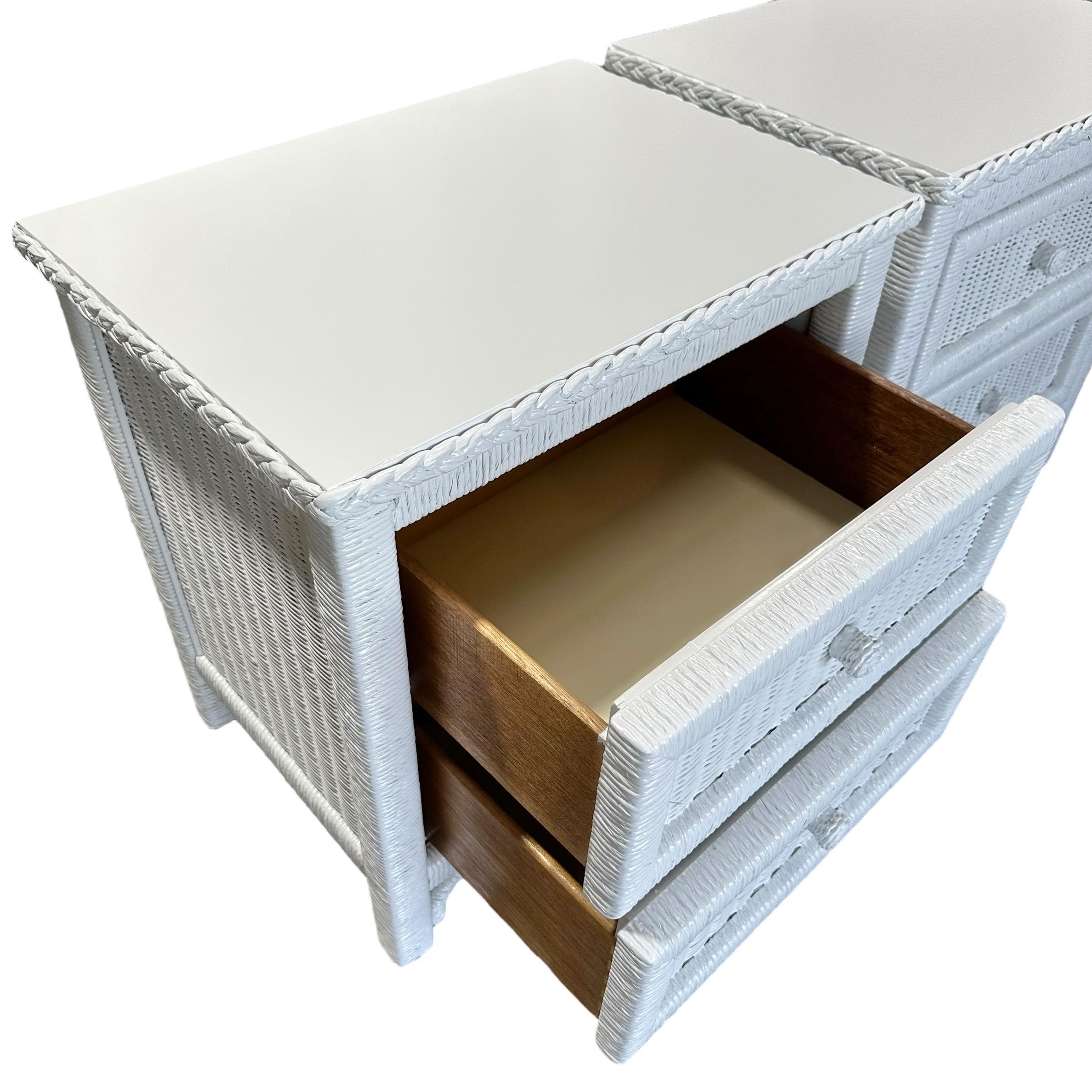 White Wicker Nightstands by Henry Link - Set of 2 Vintage Painted Wrapped Rattan Coastal Boho Chic End Tables Pair - Thumbnail 4