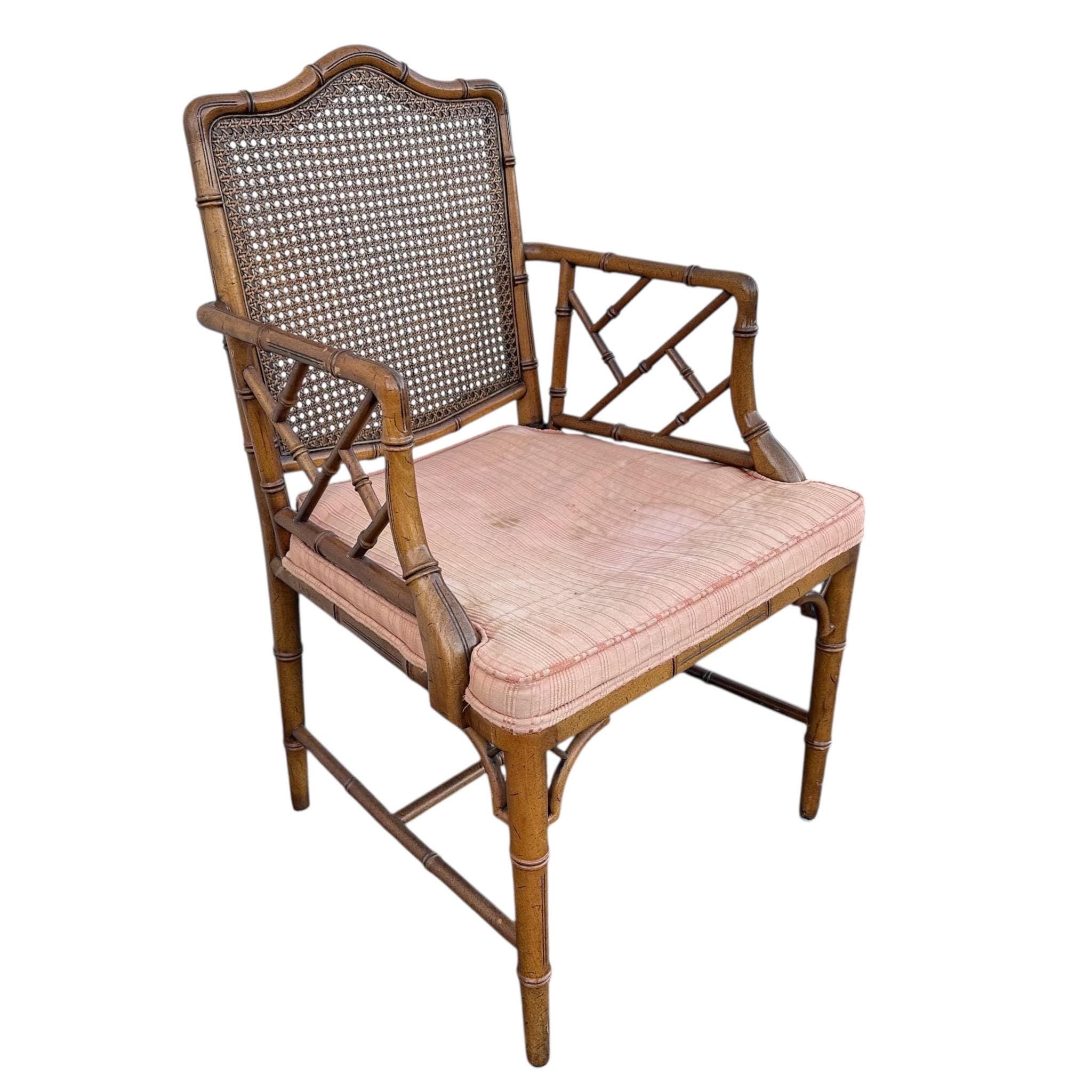 Vintage Chinese Chippendale Arm Chair - Faux Bamboo, Rattan Cane Back, Brown Wood, Hollywood Regency Chinoiserie Fretwork - Thumbnail 8