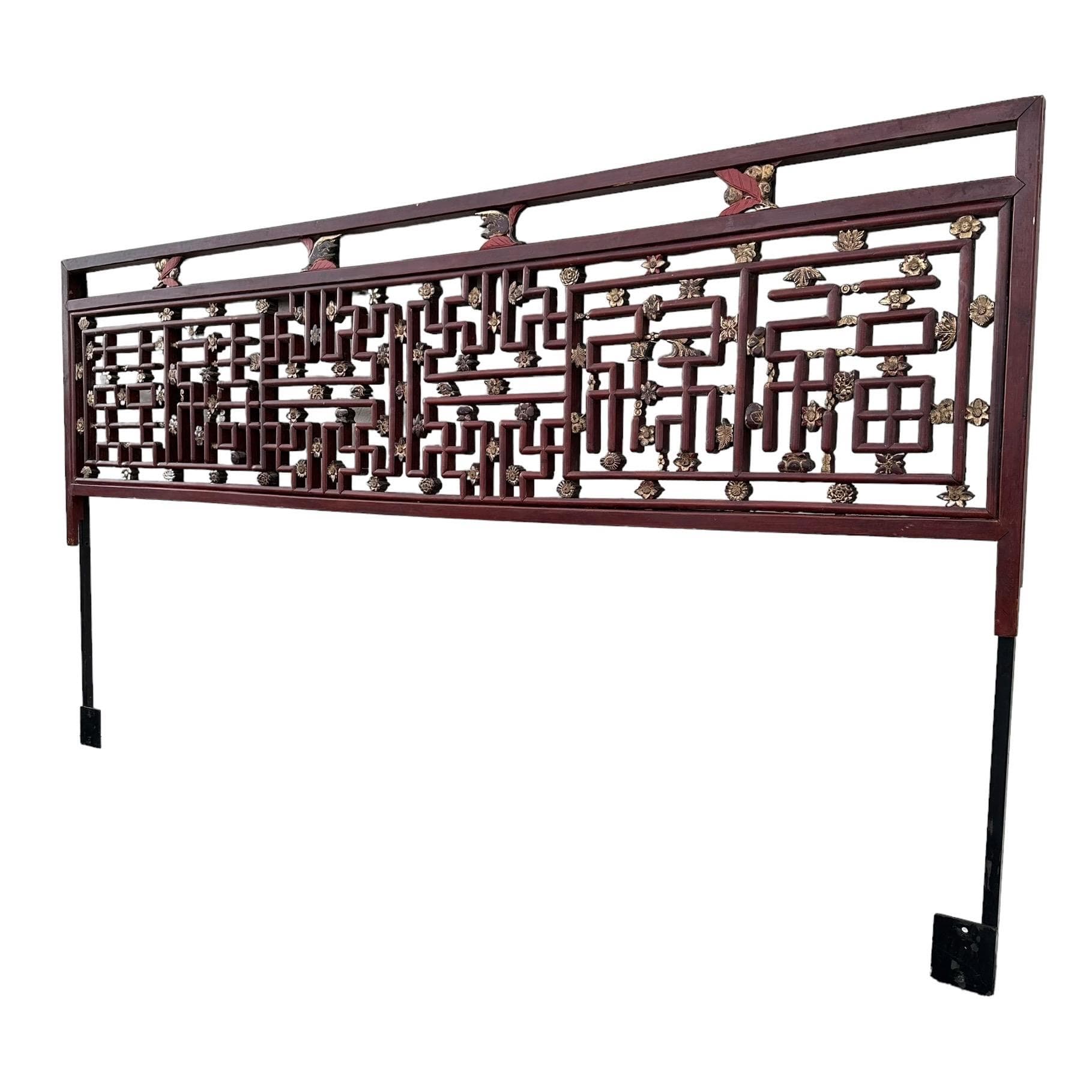 Vintage Chinese Chippendale King Headboard with Hand Carved Wood Fretwork Floral Details in Antique Asian Red & Gold and Steel Support Frame - Thumbnail 10