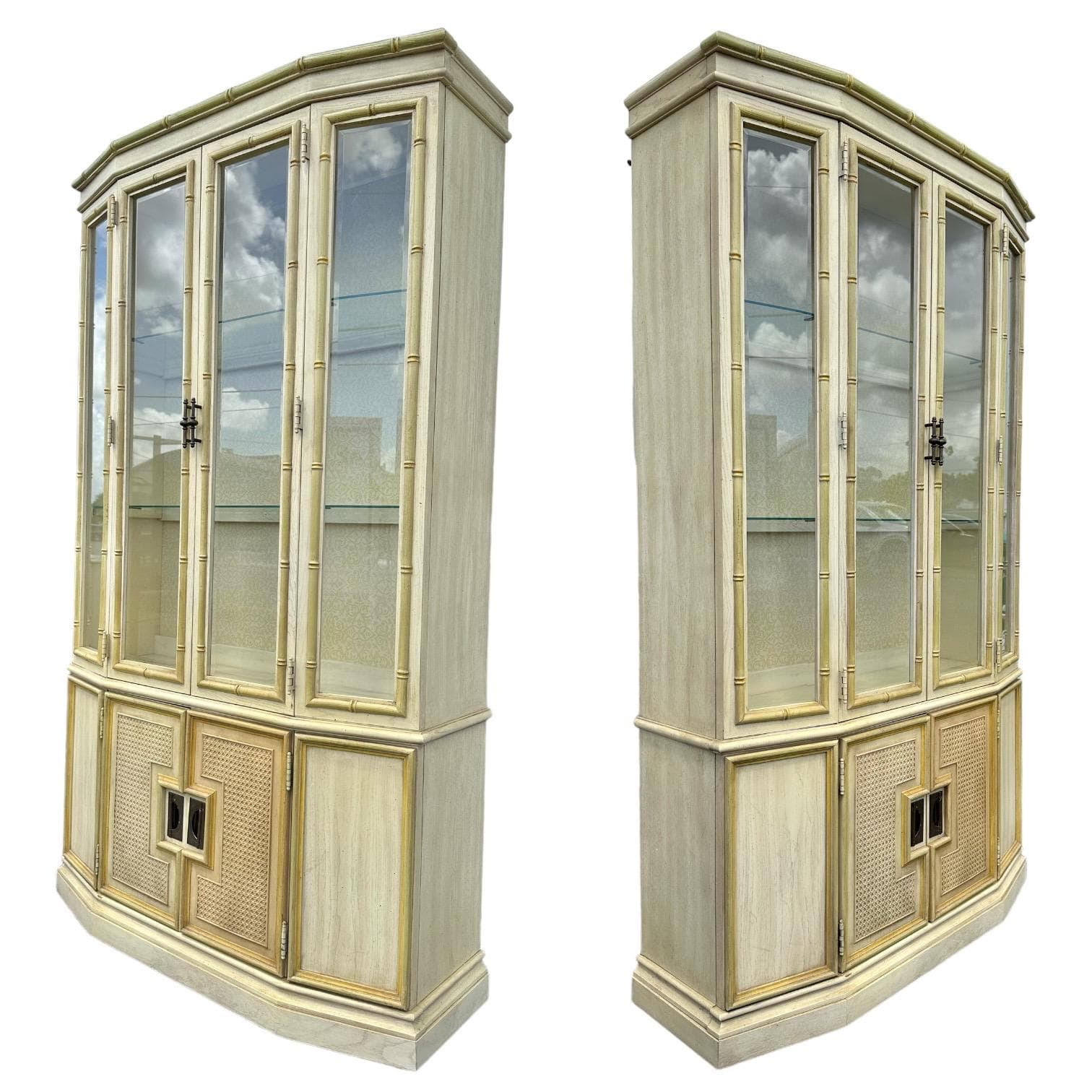 Faux Bamboo China Cabinet by Stanley - Vintage Yellow Lighted Hollywood Regency Coastal Illuminated Rattan Cane Angled Glass Display Case - Thumbnail 9