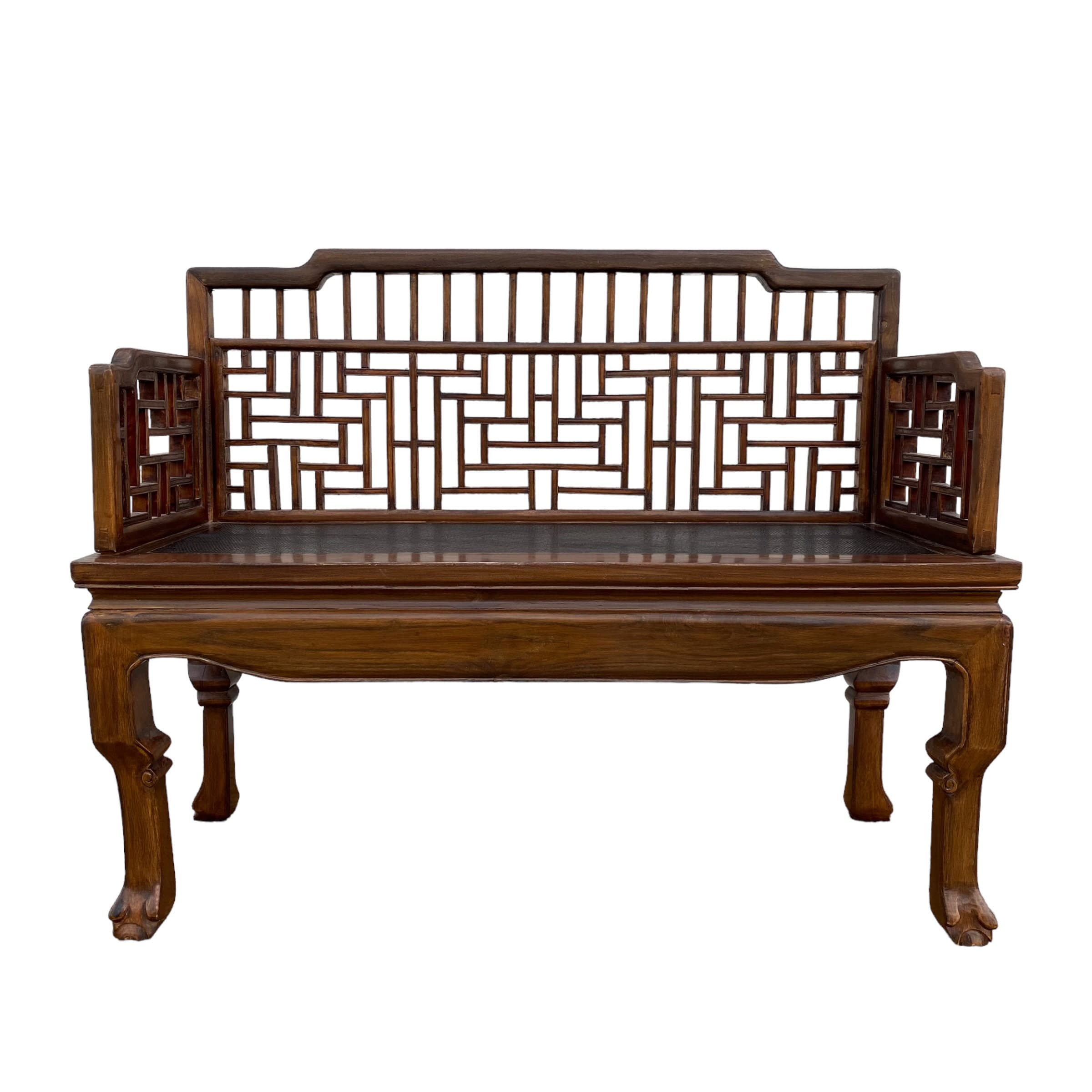 Asian Fretwork Bench 43" - Vintage Chinese Chippendale Carved Wood Oriental Settee Chair Chinoiserie Furniture - Thumbnail 10