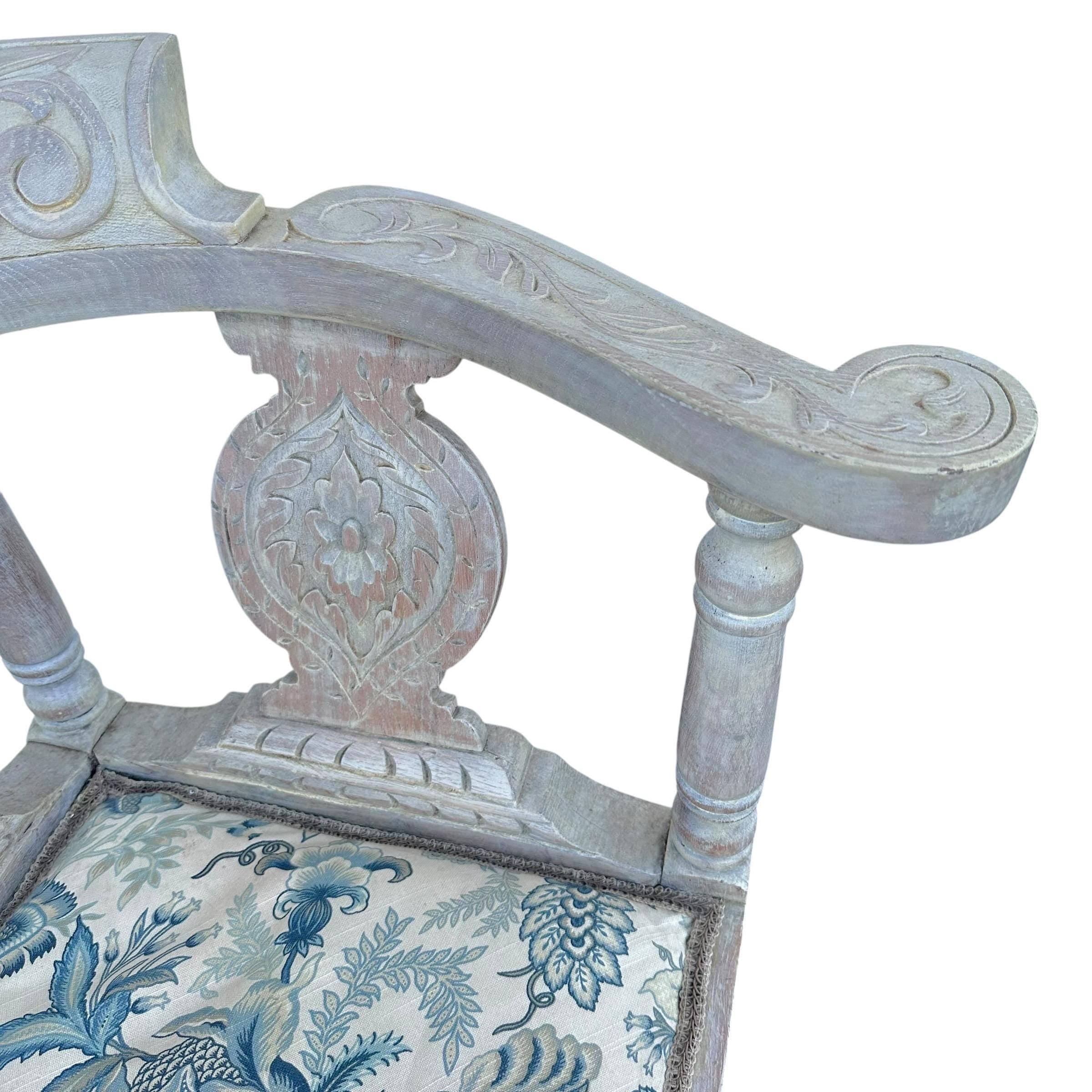 Vintage Carved Wood Corner Chair: Blue Floral Upholstered Accent Armchair - Thumbnail 6