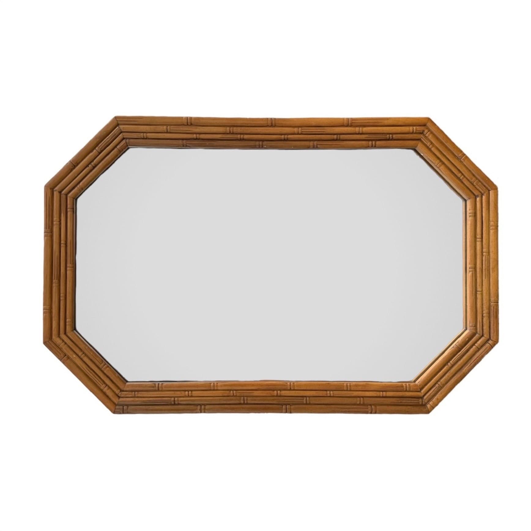Vintage Faux Bamboo Mirror 26x40 LOCAL PICKUP Octagon Broyhill Boho Chic Coastal Hollywood Regency Natural Wood Tone - Image 1